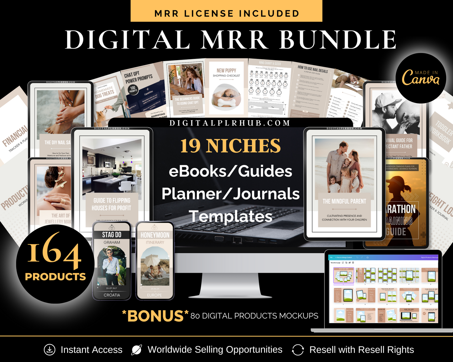 All-in-one MRR bundle featuring 164 editable Canva digital products across top niches including journals, planners, templates, and ebooks.