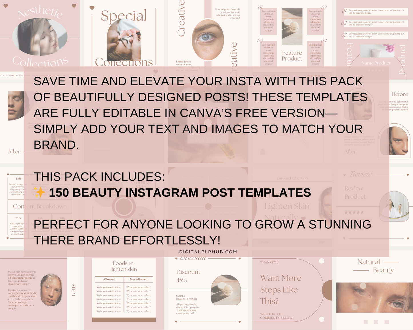 A beautifully designed Instagram content pack for beauty businesses. Editable in Canva, with PLR rights for reselling as digital products.