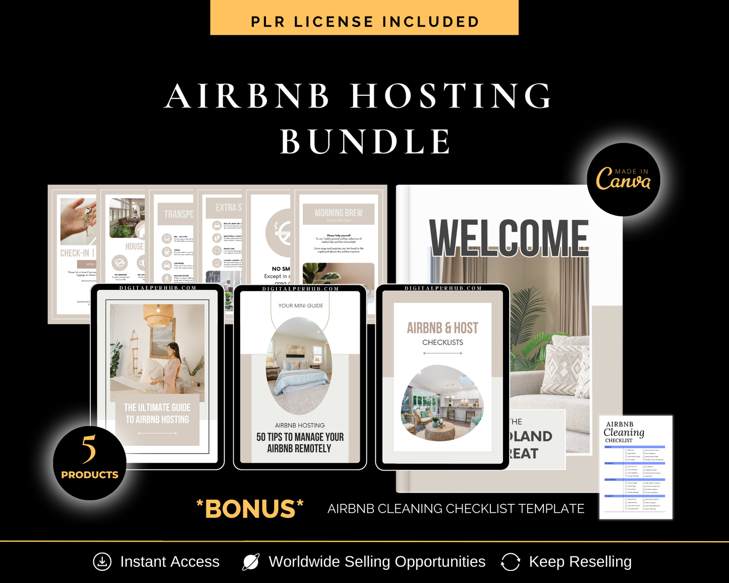 PLR Airbnb Hosting Bundle with resell-ready guides, printable checklists, and Canva templates for Airbnb hosts and entrepreneurs.