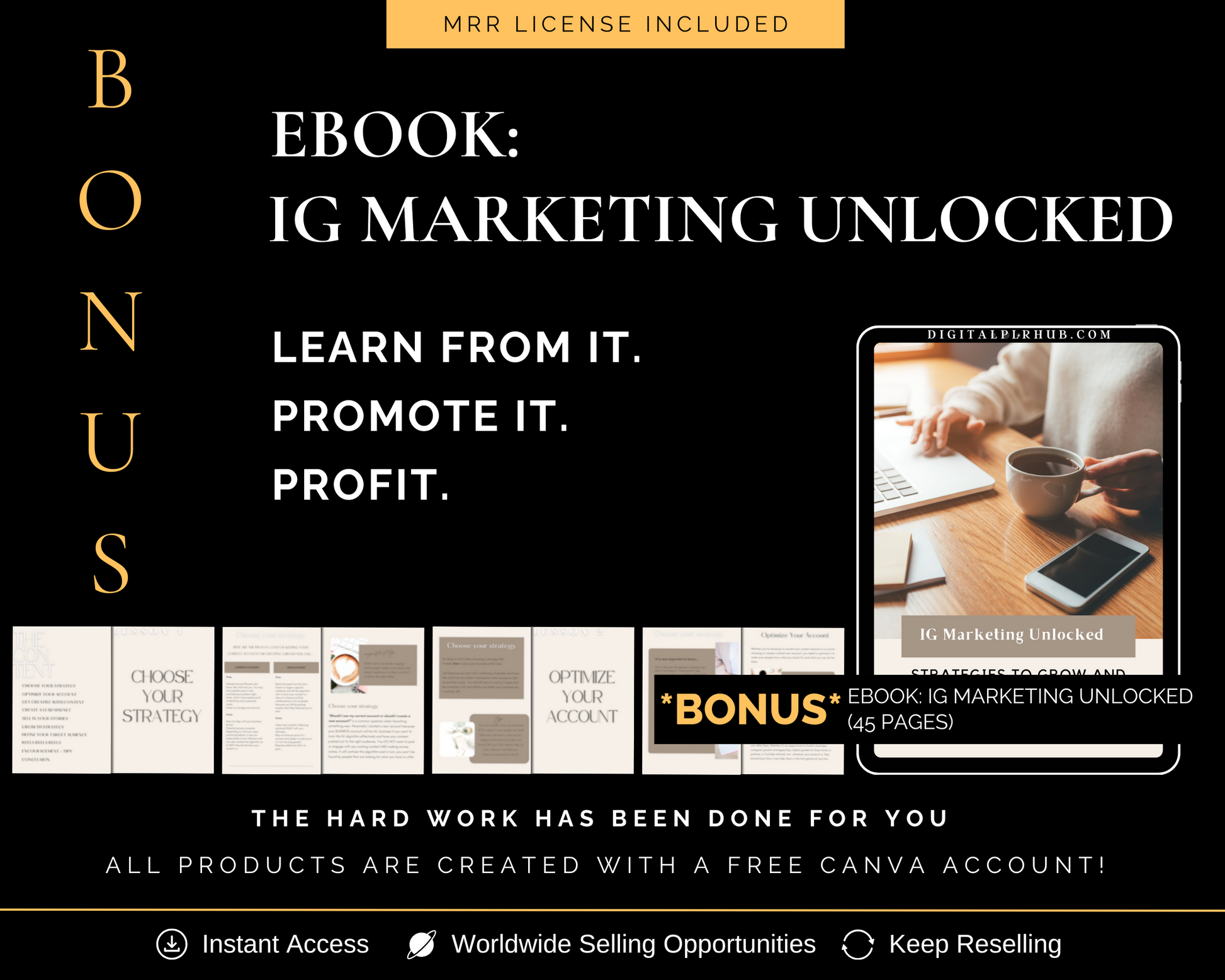 Bonus eBook IG marketing unlocked the hard work has been done for your editable in Canva