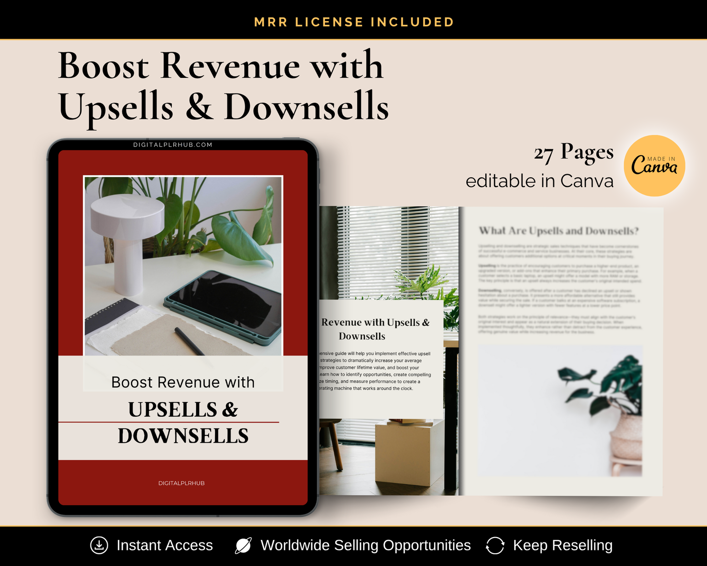 Boost Revenue with Upsells & Downsells eBook cover mockup showing editable Canva template with 27 pages and resell rights