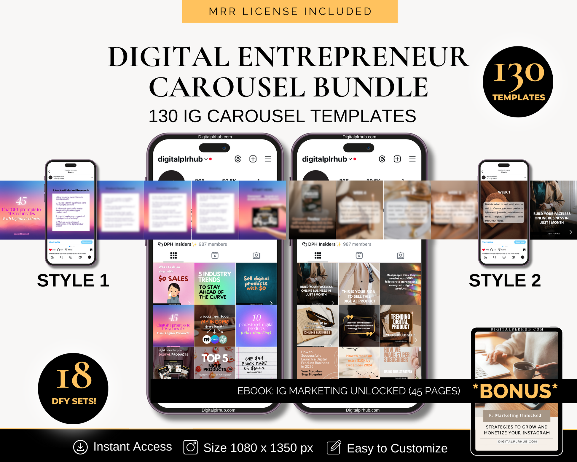 Preview of the Digital Entrepreneur Carousel Bundle featuring 130 ready-to-post Instagram templates designed for engagement and conversions.