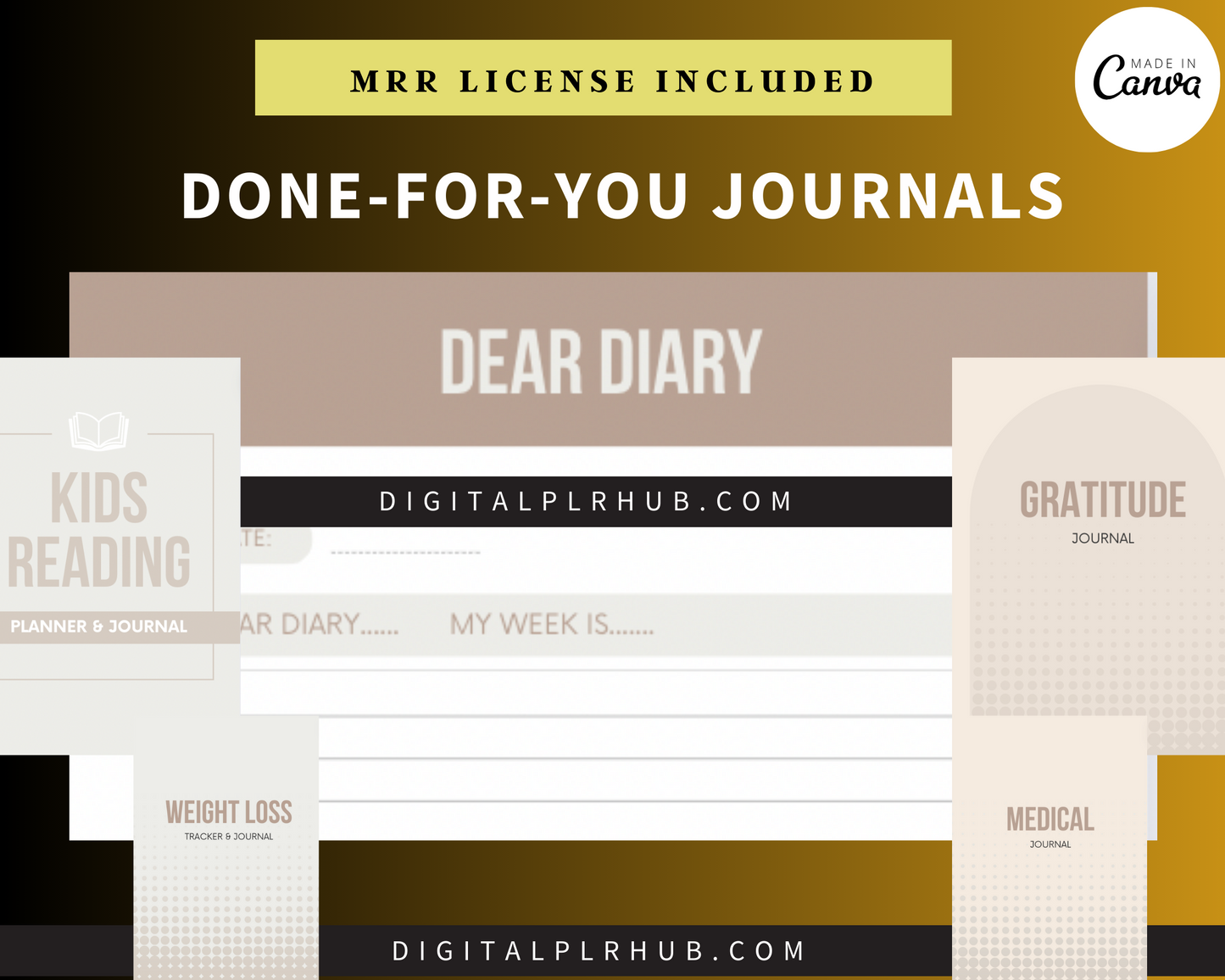 Gratitude, medical, kids reading, and weight loss journals you can rebrand, resell, or use in your digital product shop.