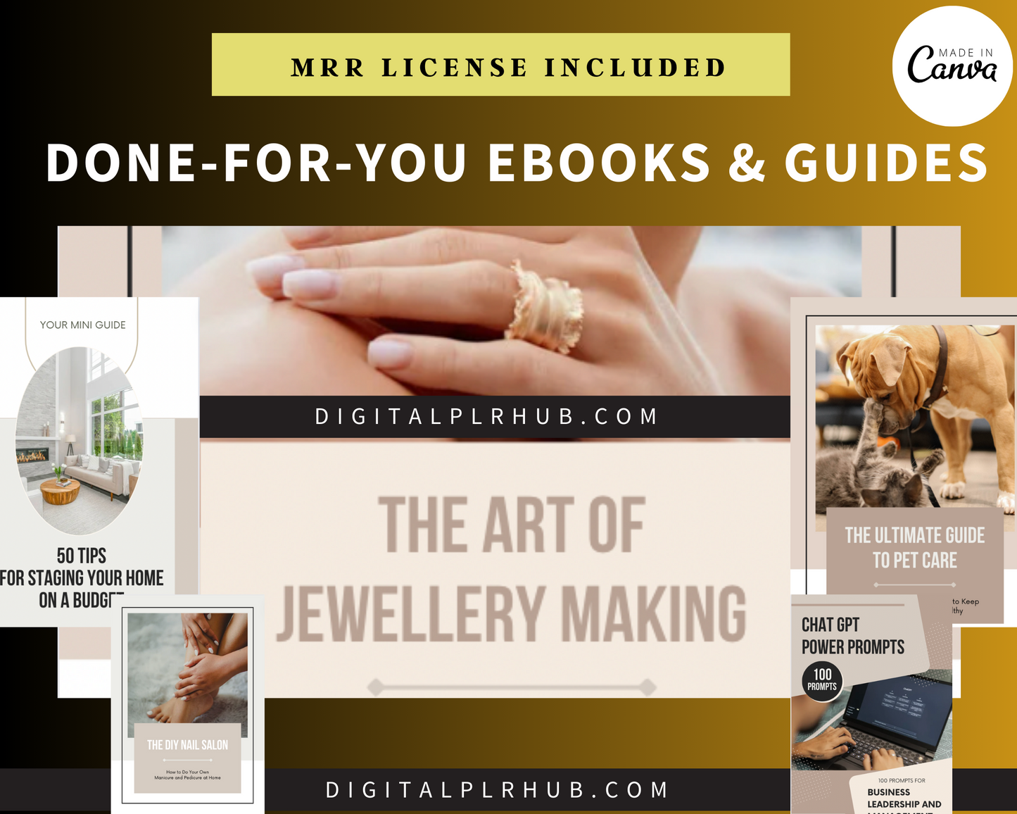 A sample of resell-ready ebooks including pet care, DIY guides, ChatGPT prompts, and jewellery-making—all with MRR and Canva access.