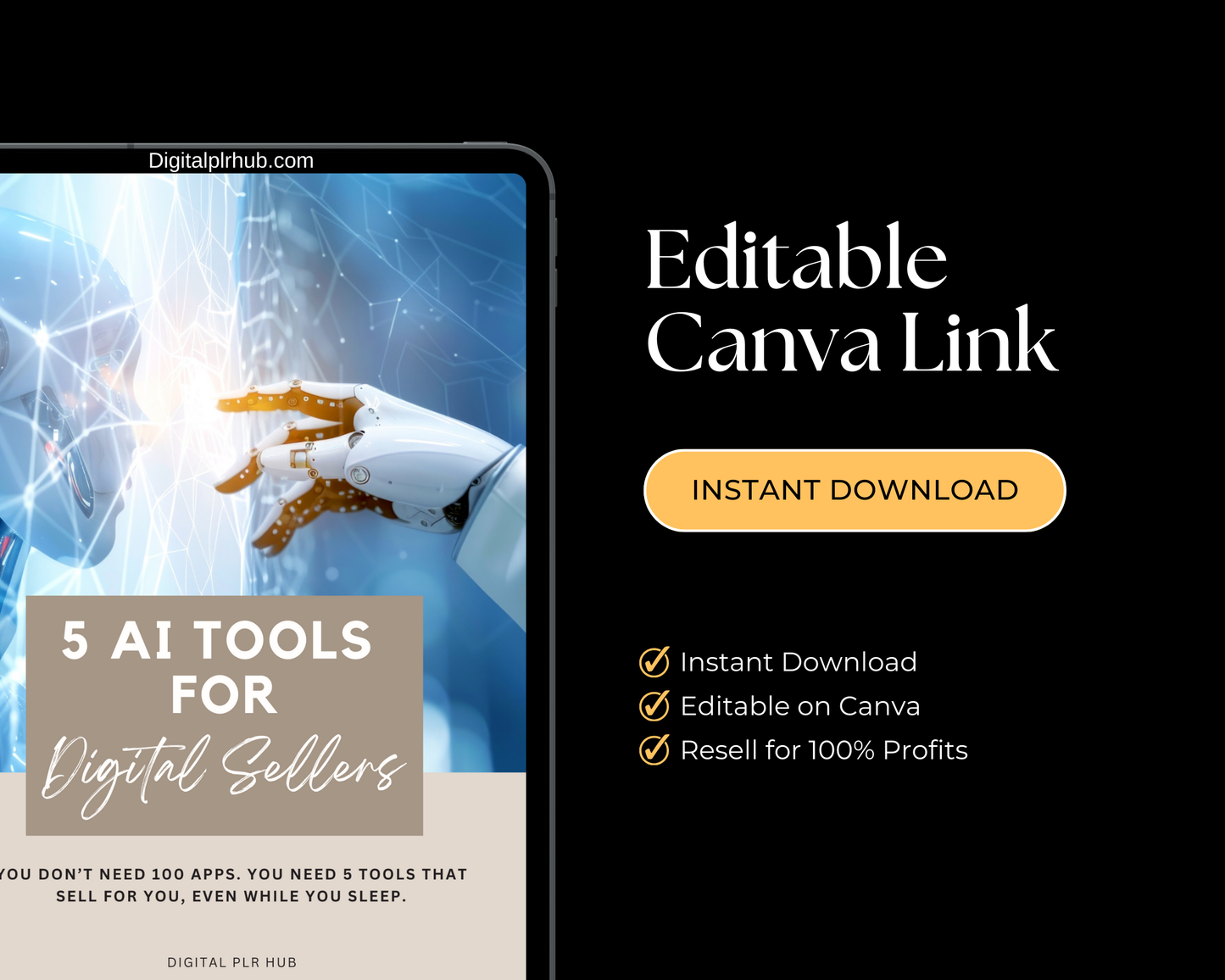 Ebook mockup of 5 AI Tools for Digital Product Sellers with instant download, editable Canva link, and 100% resale rights.