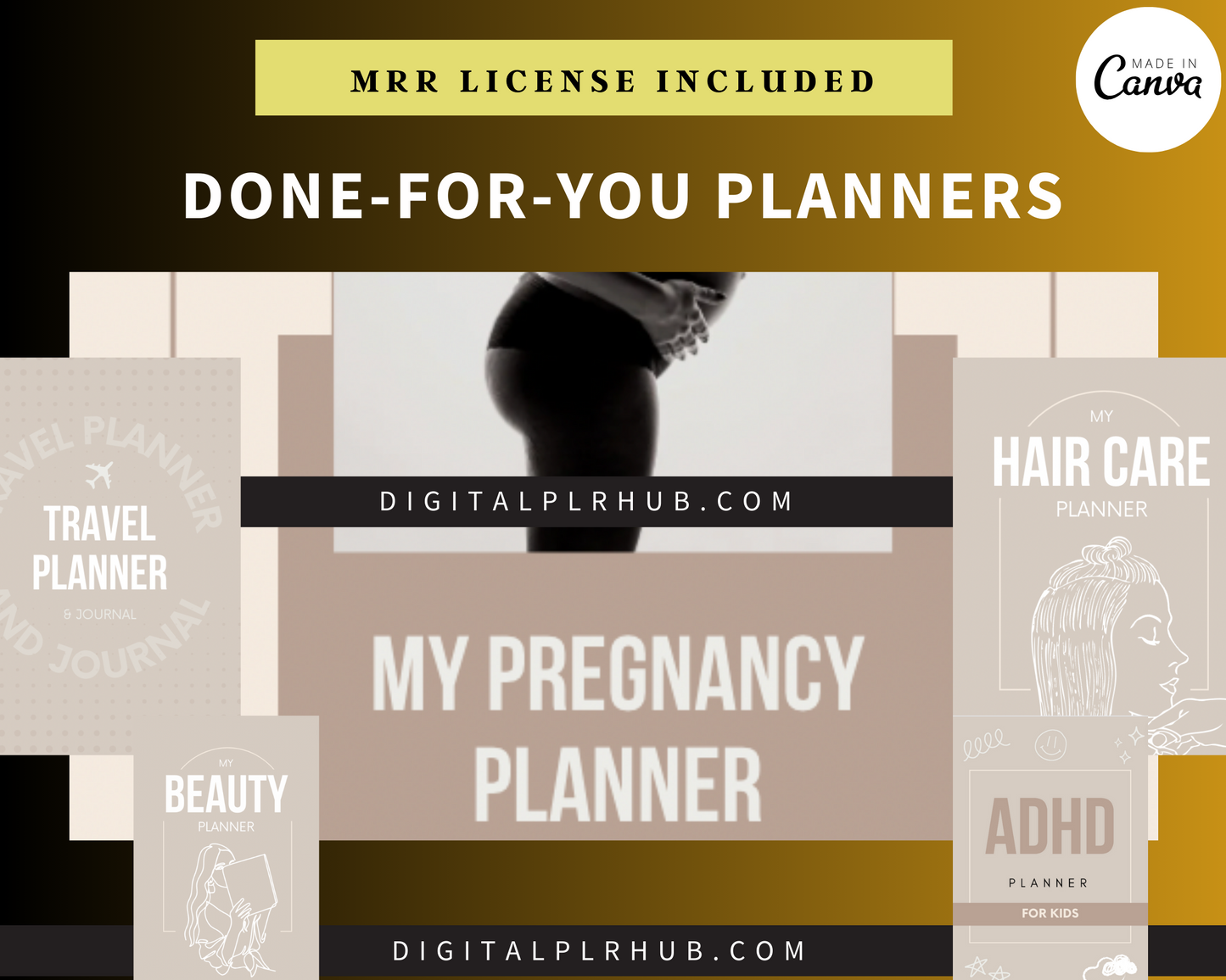 Collection of PLR planners including pregnancy, hair care, beauty, and ADHD templates with full resell rights.