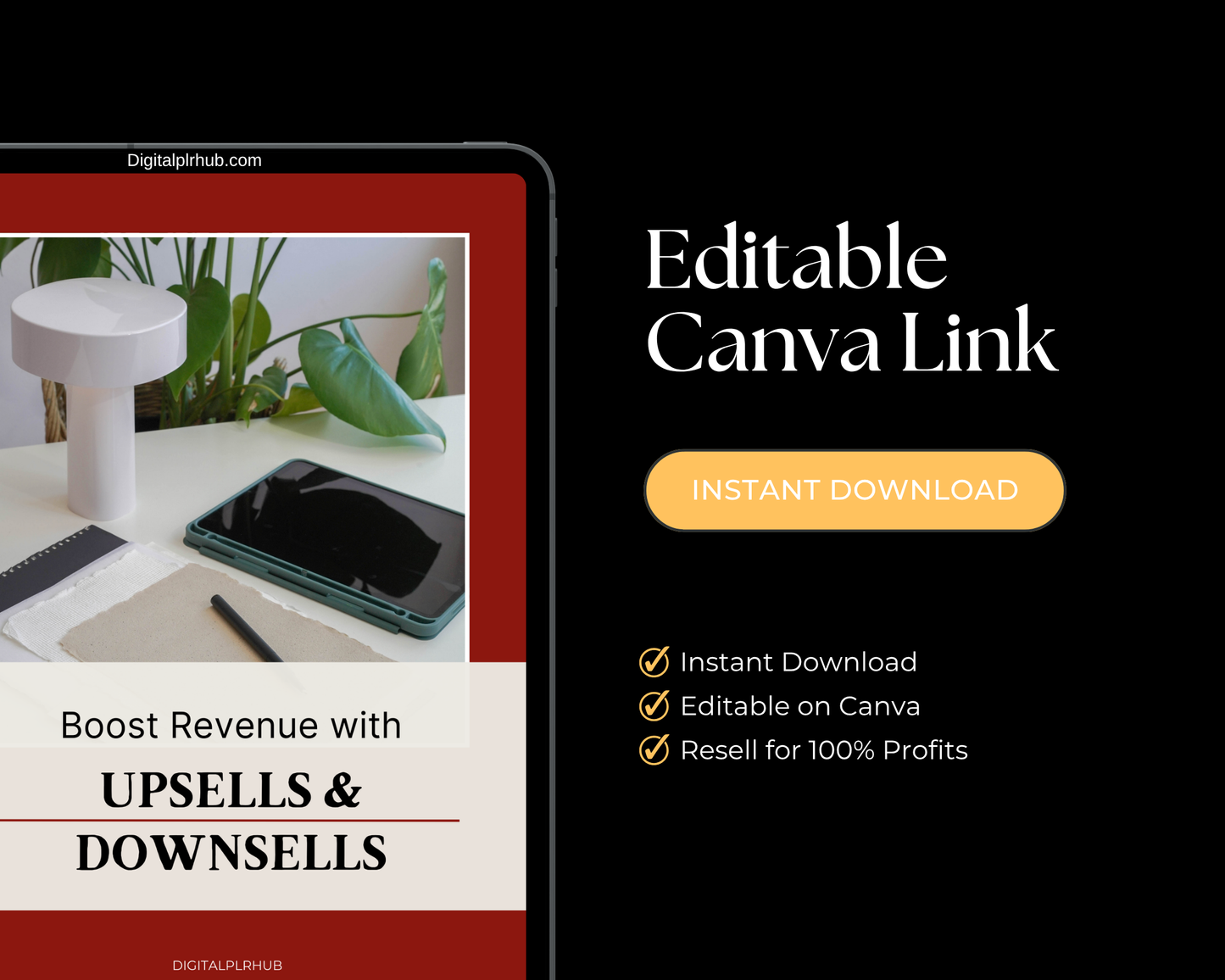 Canva editable eBook “Boost Revenue with Upsells & Downsells” with instant download button and resale rights listed