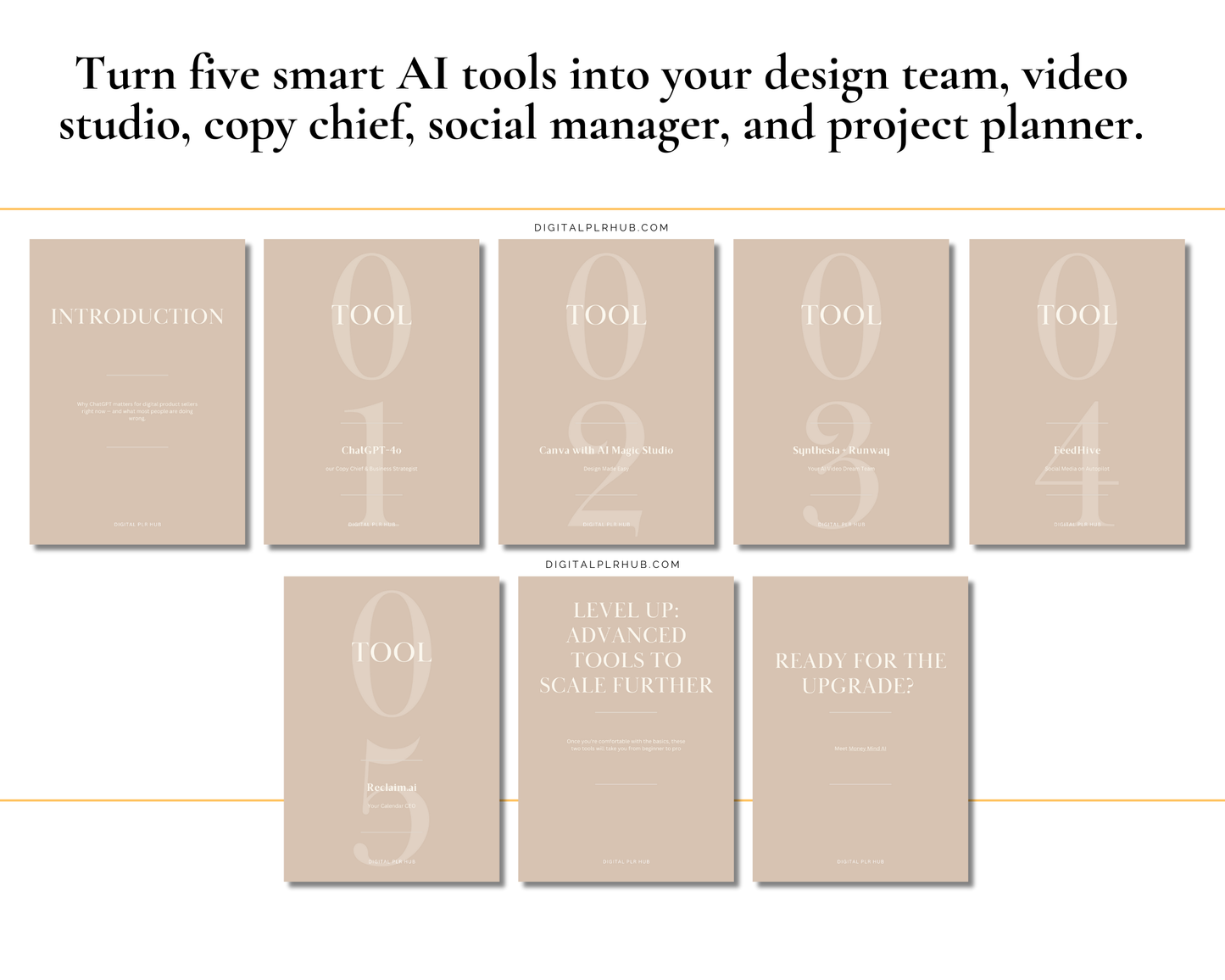 Table of contents from 5 AI Tools for Digital Product Sellers ebook, featuring ChatGPT, Canva, Synthesia, FeedHive, and Reclaim.