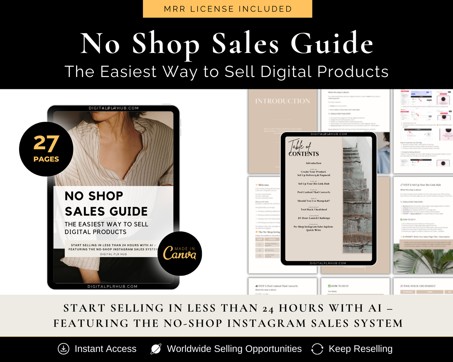 No Shop Sales Guide ebook mockup with 27 pages including Gumroad setup, Beacons bio link, content strategies, tool stack cheatsheet, and 24-hour launch challenge.