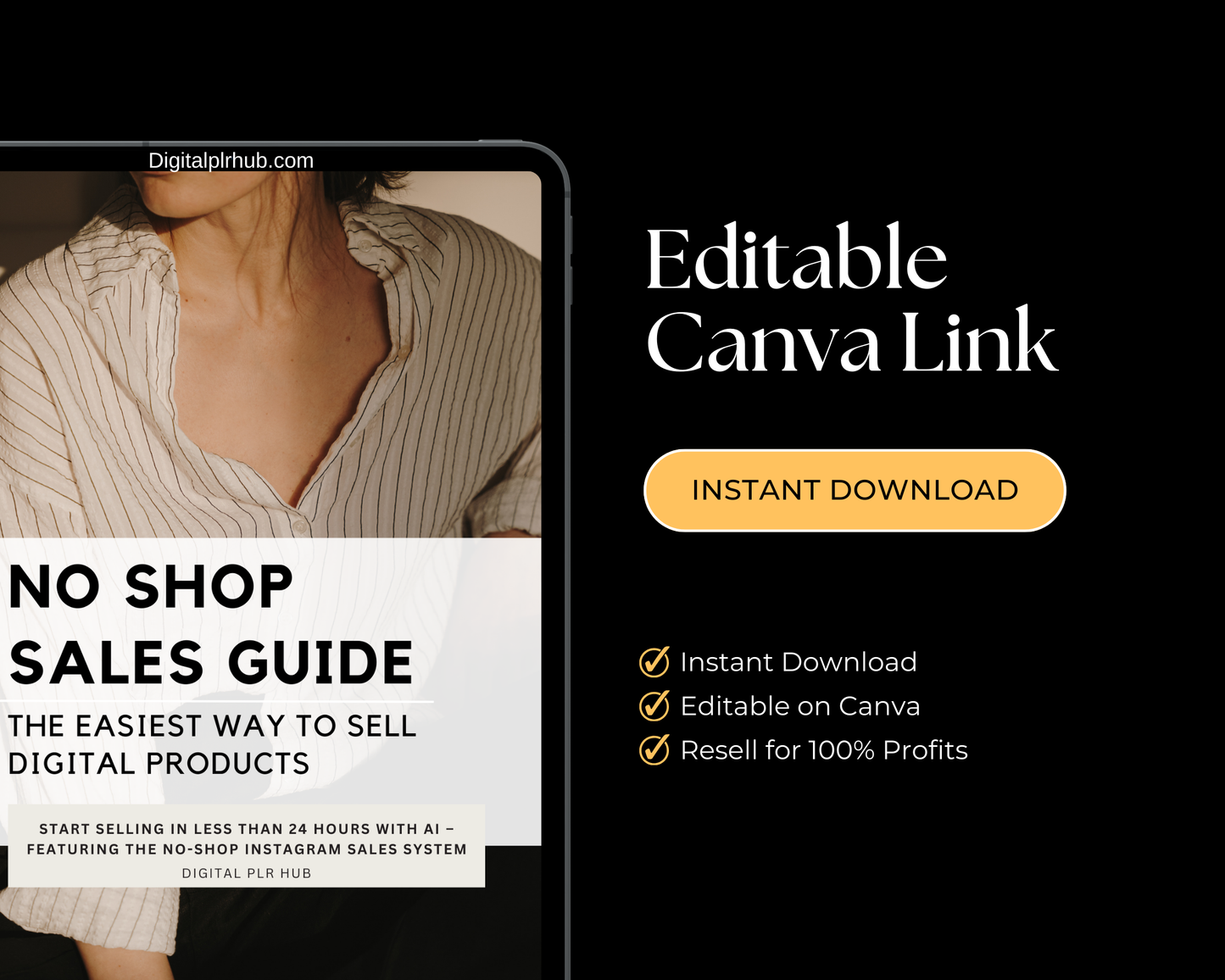 Canva editable template of the No Shop Sales Guide showing instant download, easy customization, and resale rights for digital product sellers.