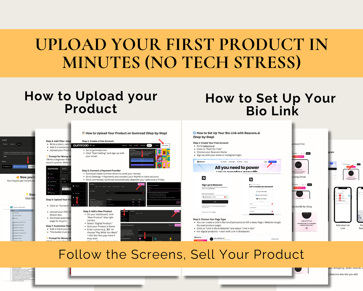Step-by-step guide showing how to upload your first digital product on Gumroad and set up your Instagram bio link with Beacons.ai.