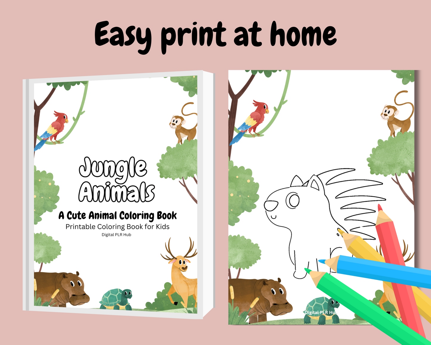 Jungle Animals Coloring Book displayed as a printable book, with an open page showing a porcupine illustration. Easy-to-color pages designed for toddlers and preschoolers.