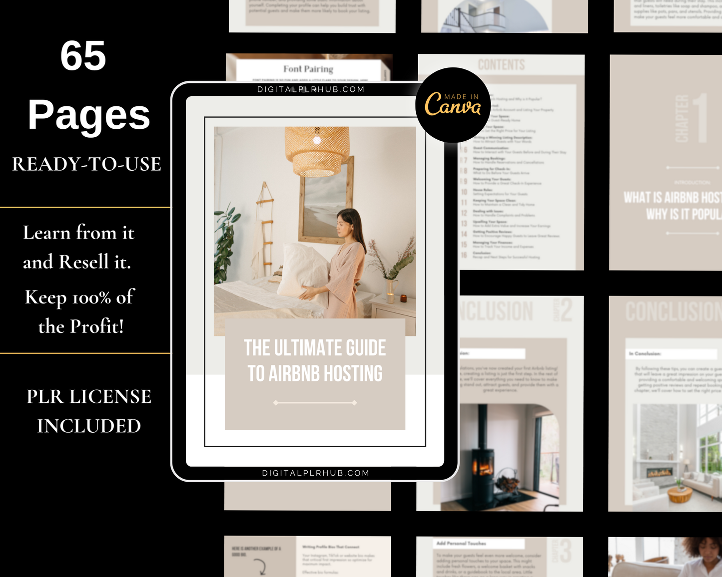 Editable Canva Airbnb hosting guide featuring welcome packs, remote management tips, and customizable printables for reselling.