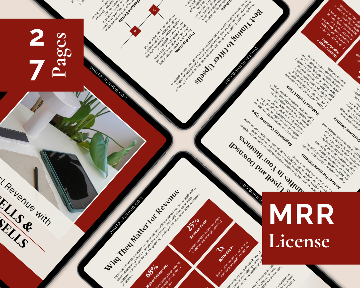 Multiple page preview of Upsells & Downsells eBook showing strategy breakdown, templates, and marketing tips