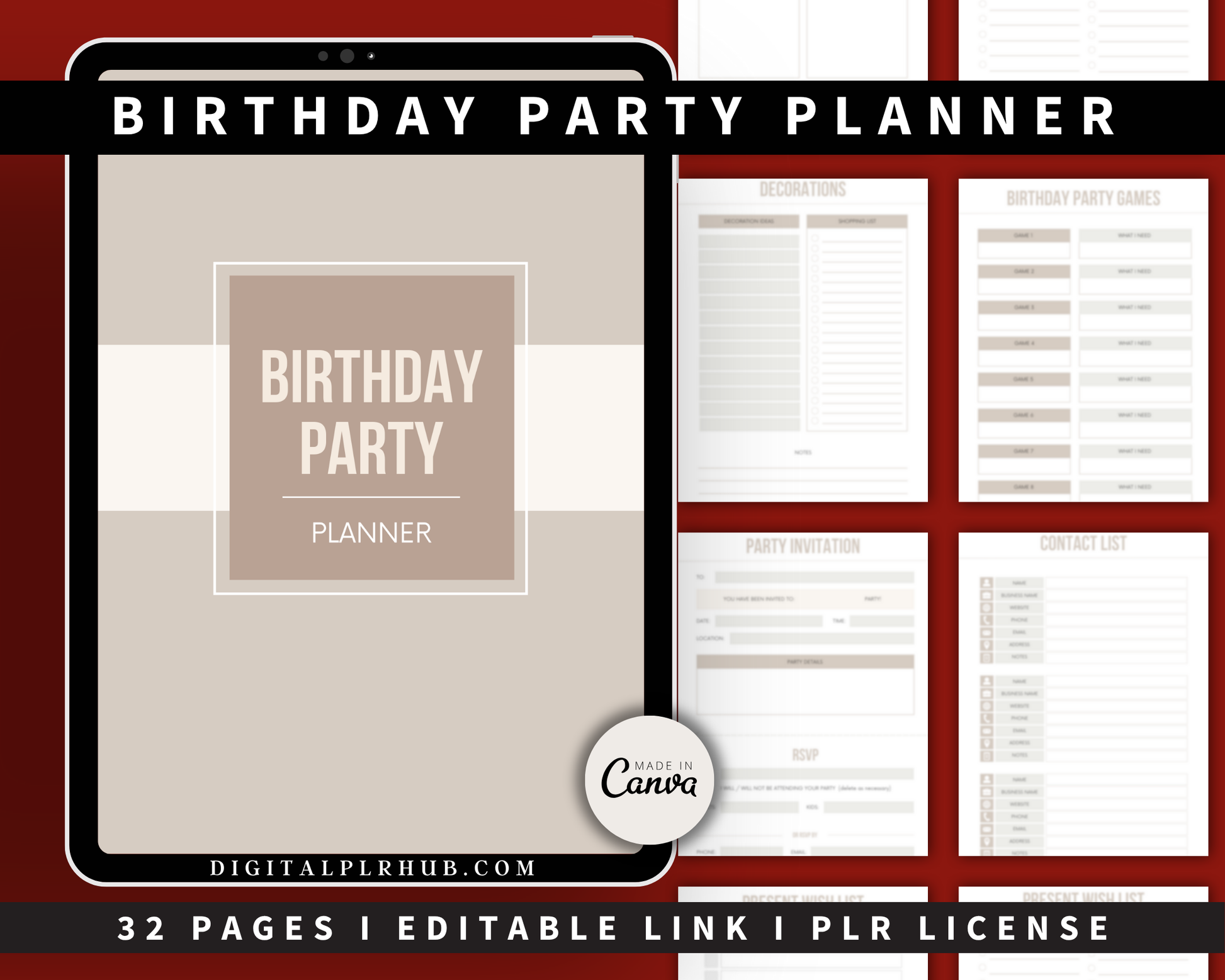 32-page birthday party planner with games, invites, and checklist — Canva editable PLR product for moms planning events.