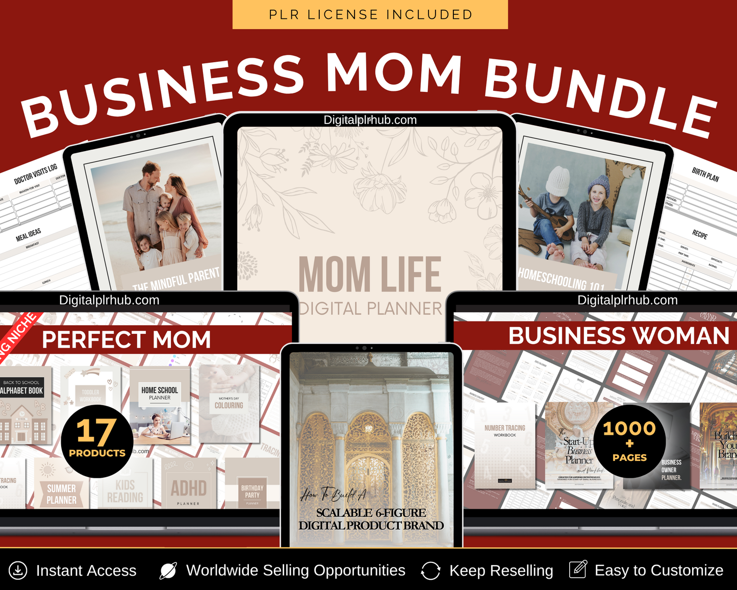 Business Mom Bundle preview showing 17 editable PLR products including planners and journals for moms, kids, and female business owners