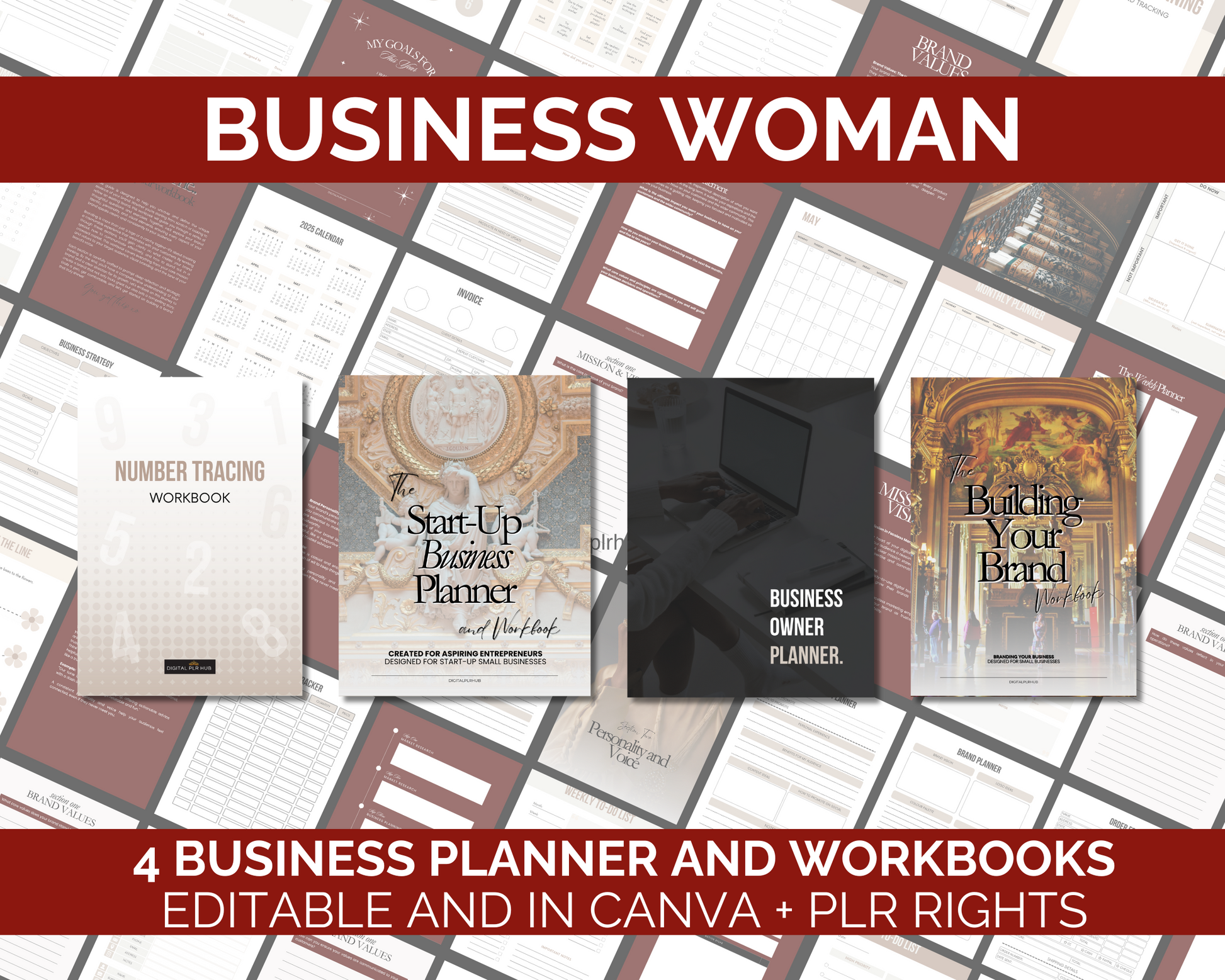 Four digital PLR planners for business owners including Start-Up Business Planner, Brand Workbook, and Number Tracing Workbook, editable in Canva