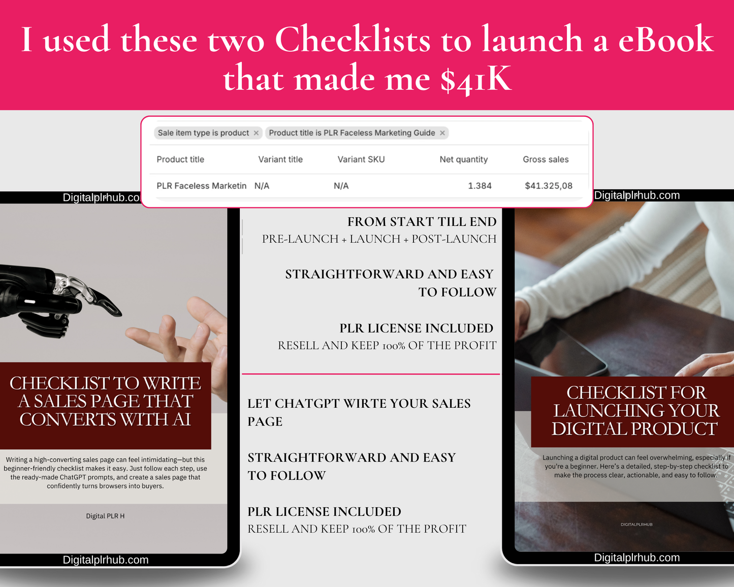 Digital product launch and sales page checklists. Includes AI prompts, PLR rights, and pre-launch/post-launch workflow for creating profitable ebooks or templates.