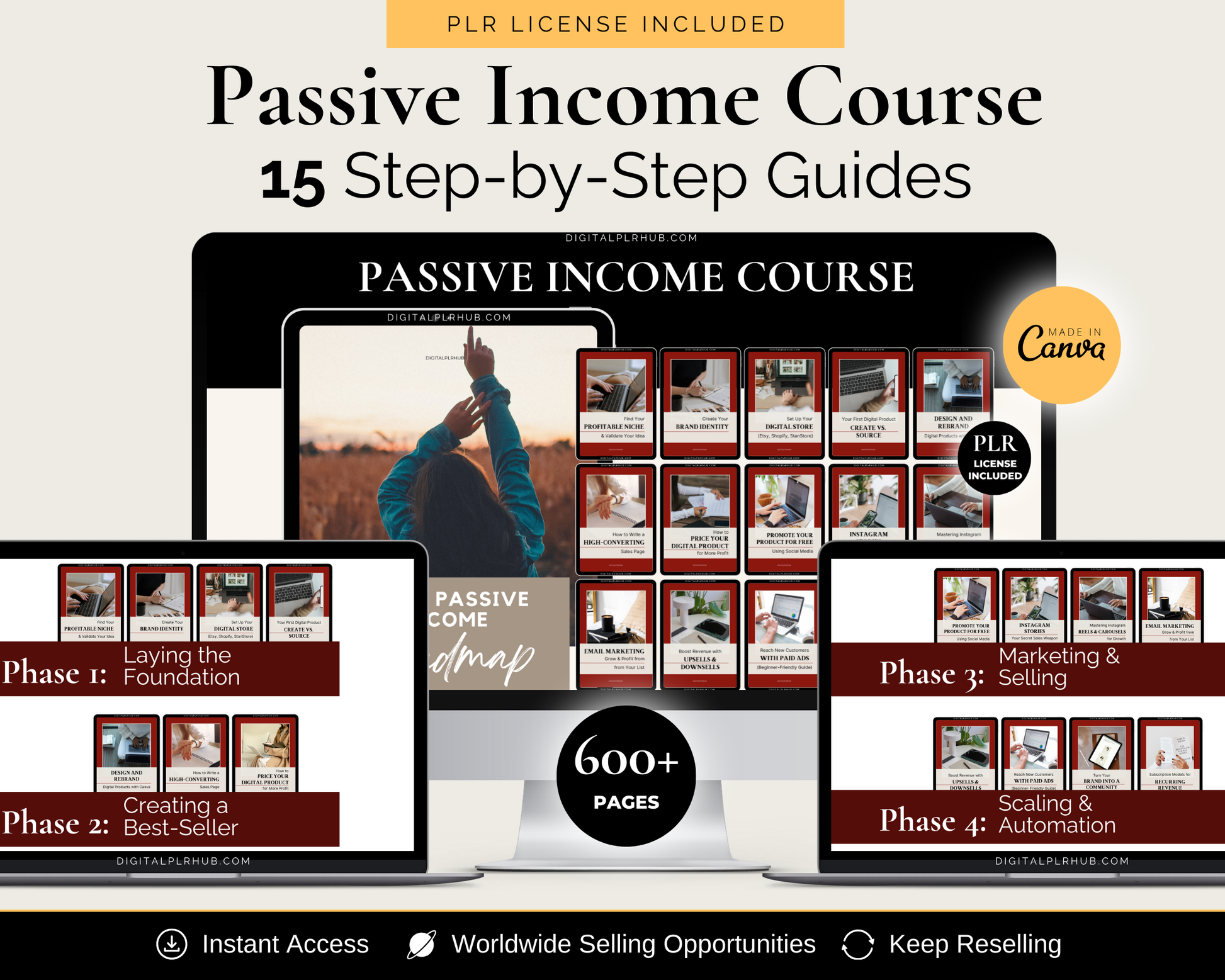 Complete 15-guide digital product course with Canva templates and PLR – over 600 editable pages.