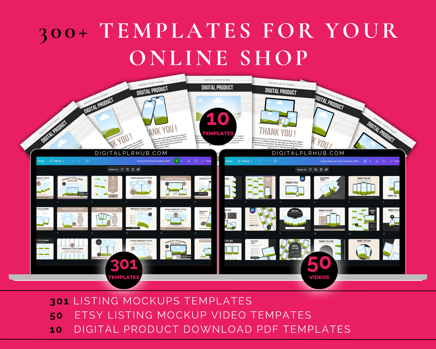 Over 300 digital product mockup templates, PDF downloads, and Etsy listing videos. Includes Canva editable files for instant use.