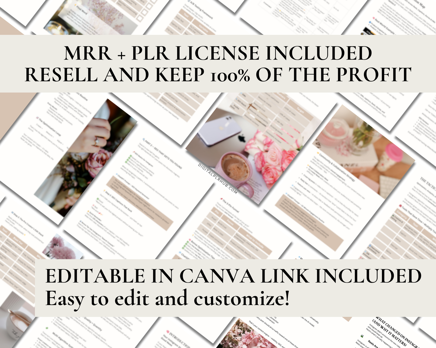 Editable Canva eBook with full PLR and MRR rights. Instagram content strategy guide showing resale options and customizable digital product layout.