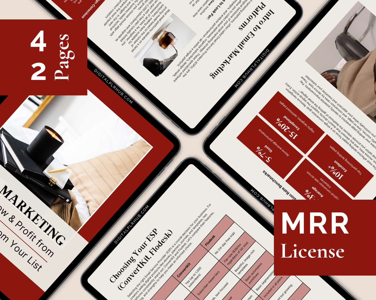 Inside pages of the Email Marketing eBook showing content on platforms, email performance benchmarks, and comparison of ConvertKit vs Flodesk