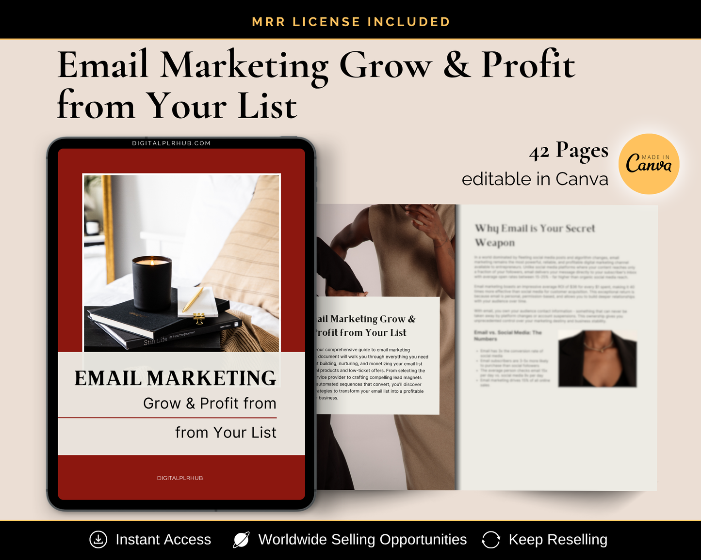 Email Marketing Grow & Profit from Your List eBook cover – PLR and MRR license included, 42 editable Canva pages