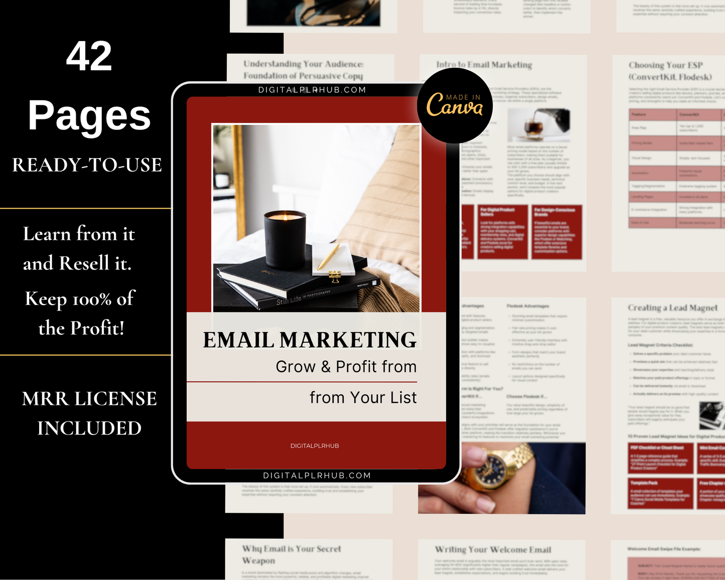 42-page email marketing eBook with Master Resell Rights included – editable Canva template for digital product sellers and coaches