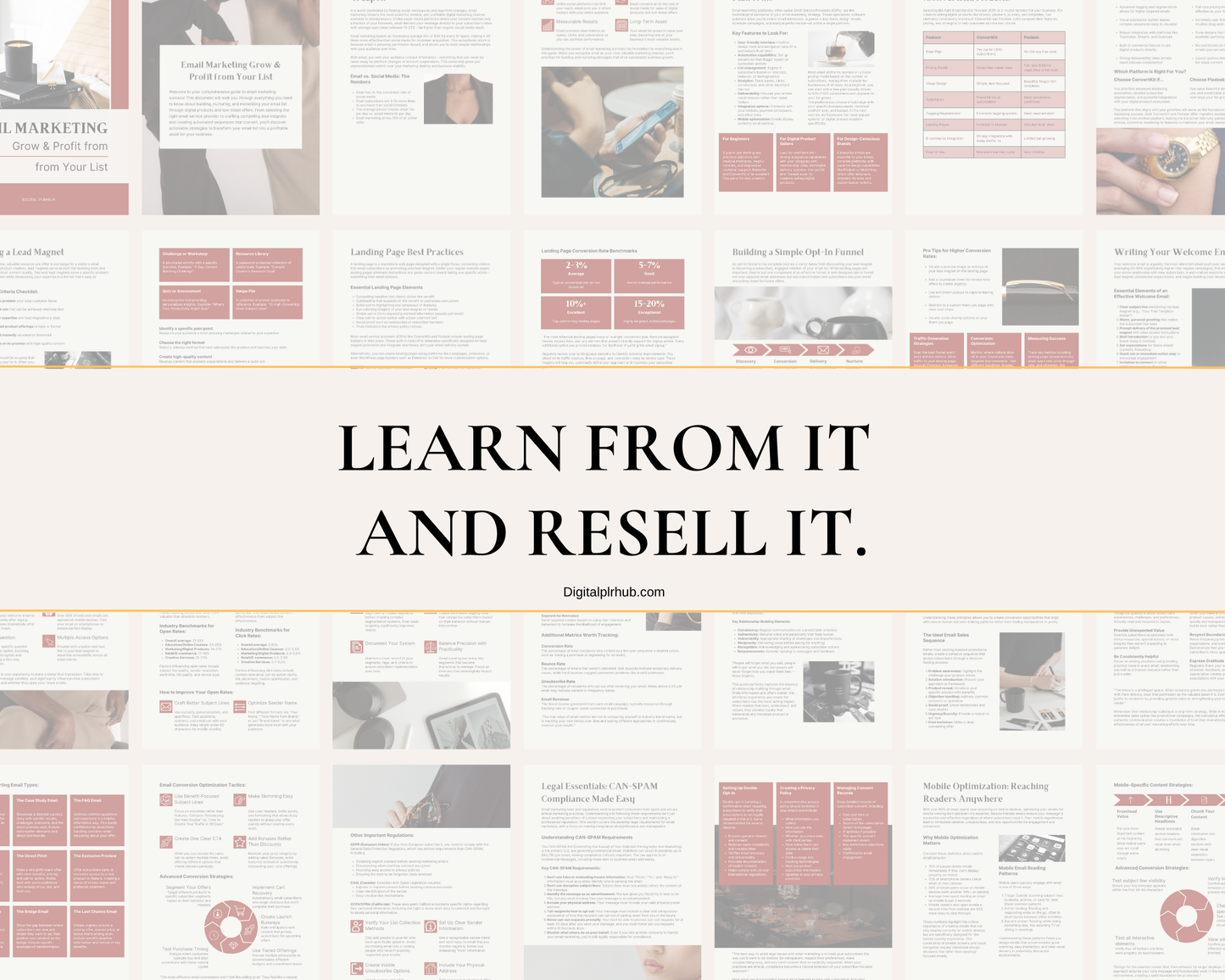 Preview of email marketing eBook interior pages with overlay text ‘Learn from it and resell it’ – PLR for digital creators
