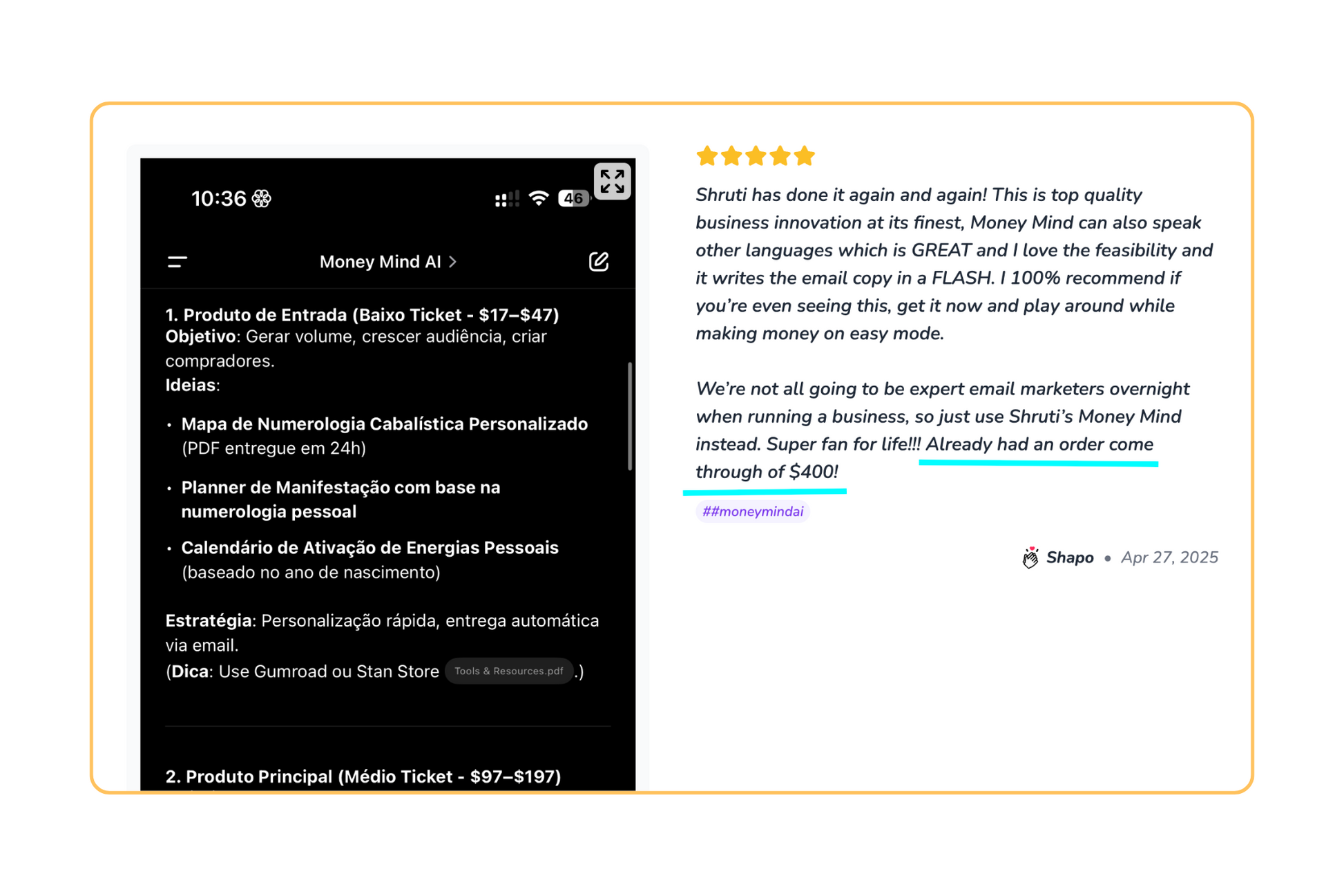 Screenshot of Money Mind AI customer testimonial and review