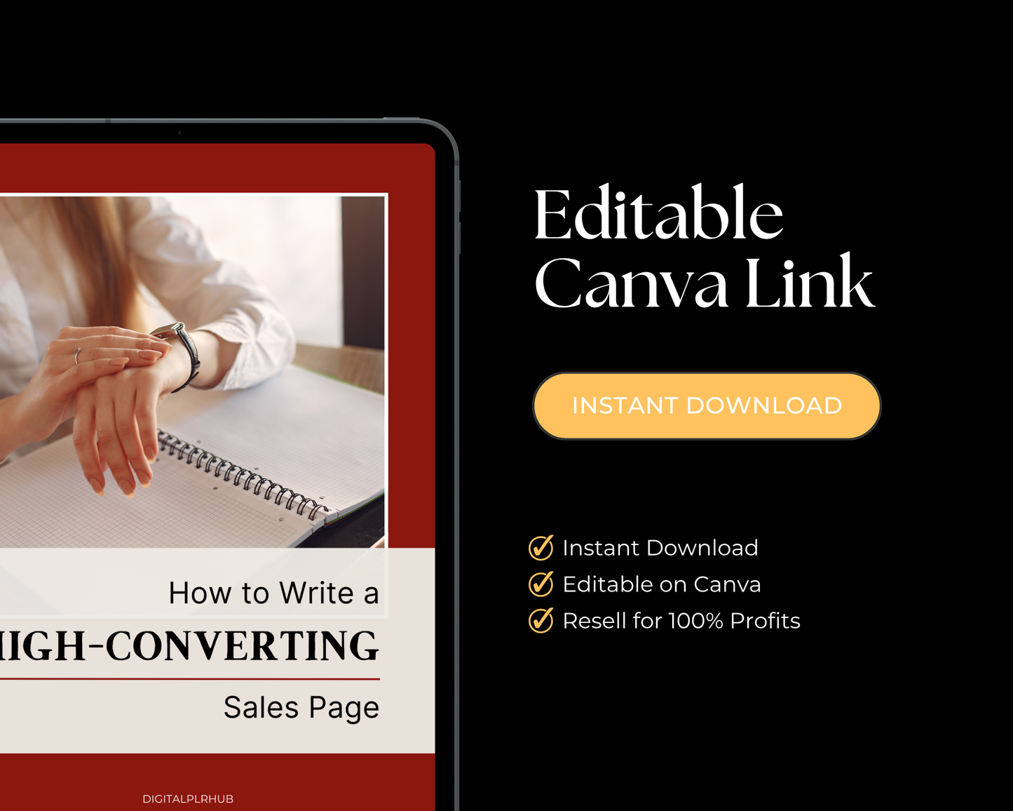 Preview of a 42-page PLR eBook titled How to Write a High-Converting Sales Page, designed for digital product sellers, with editable Canva templates and Master Resell Rights.