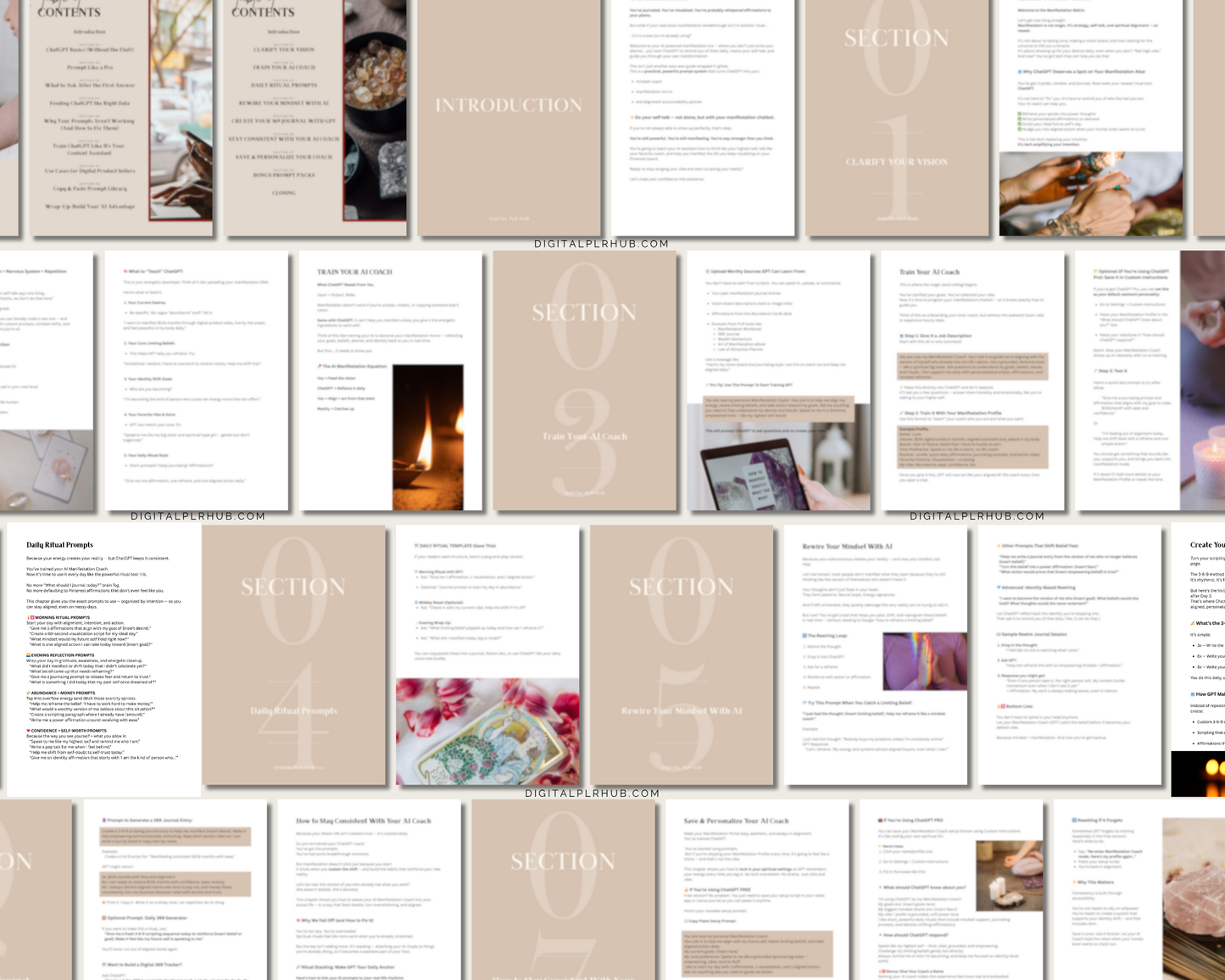 Preview of inside pages from the AI Manifestation Guide. Includes mindset prompts, daily rituals, 369 scripting, and ChatGPT setup tutorials.