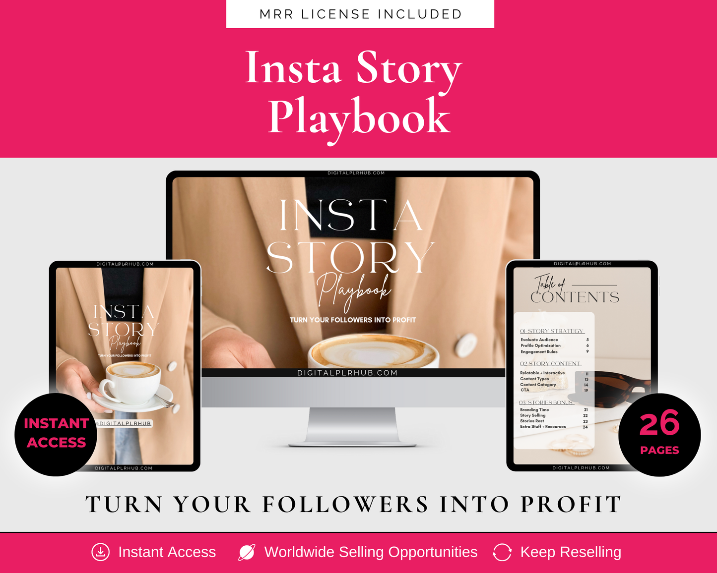 Insta Story Playbook for digital product marketing. 26-page guide with story prompts to turn Instagram followers into paying customers. Canva editable.