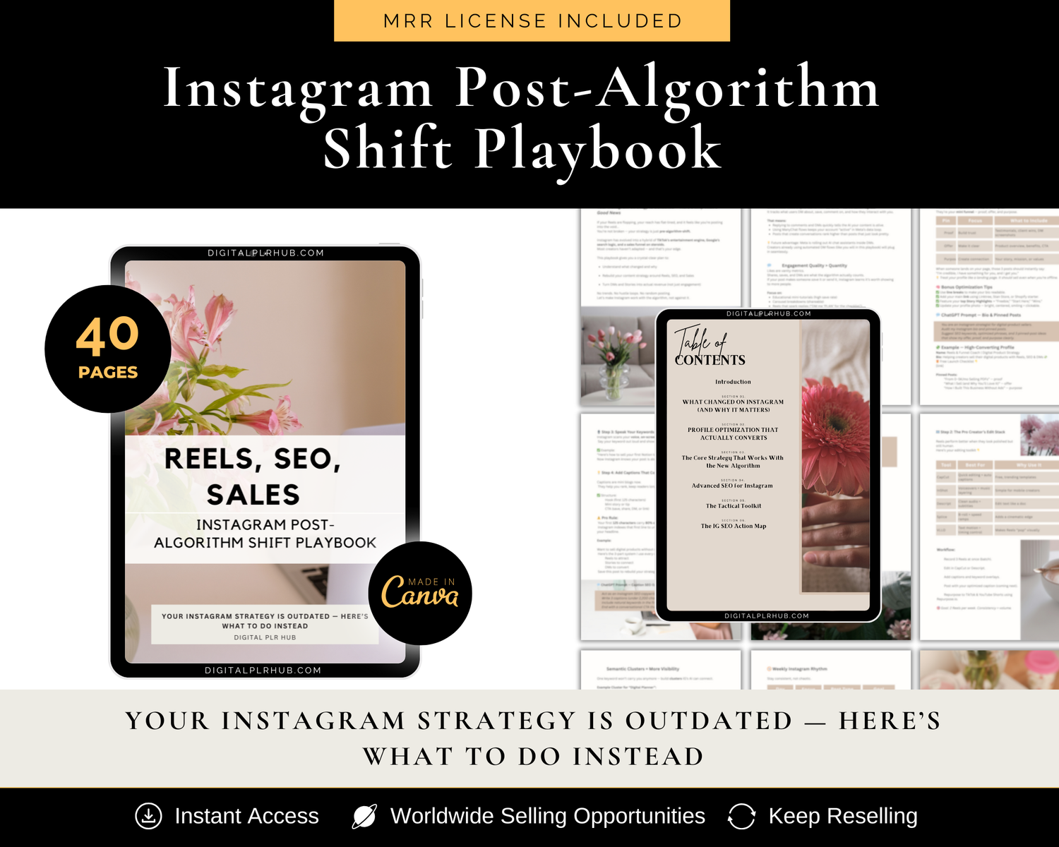 Instagram content strategy playbook for 2025 algorithm. Reels, SEO, and sales system with 40 pages. Digital marketing eBook with PLR license and Canva template.