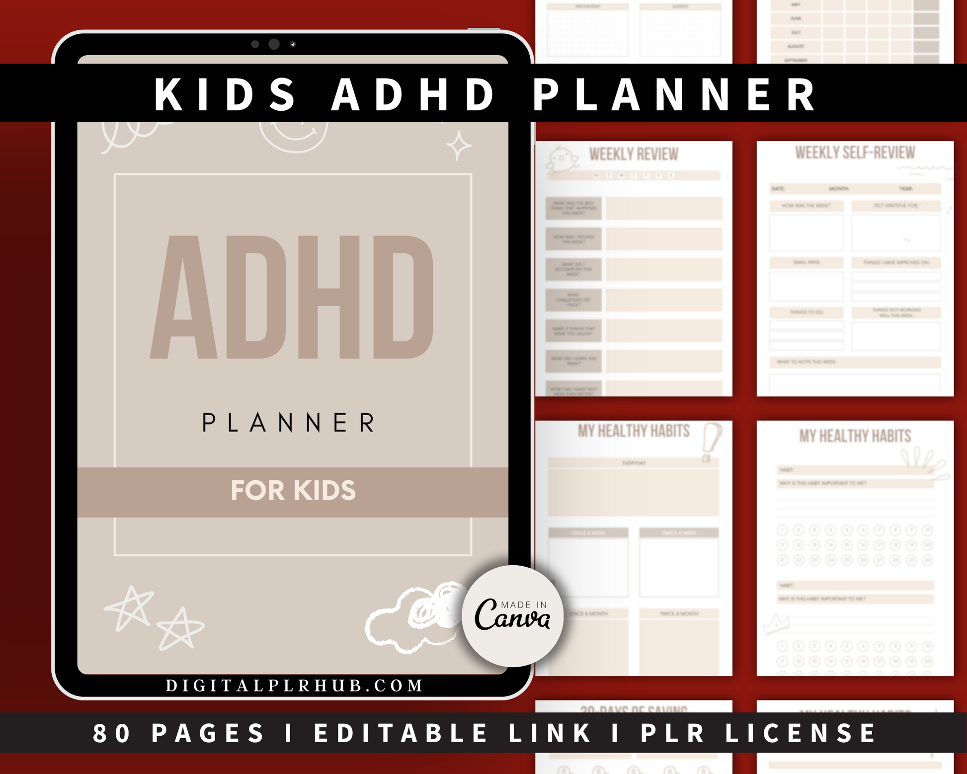80-page ADHD planner for kids — includes weekly review, habit tracker, and routines. Canva PLR template for parents and educators.