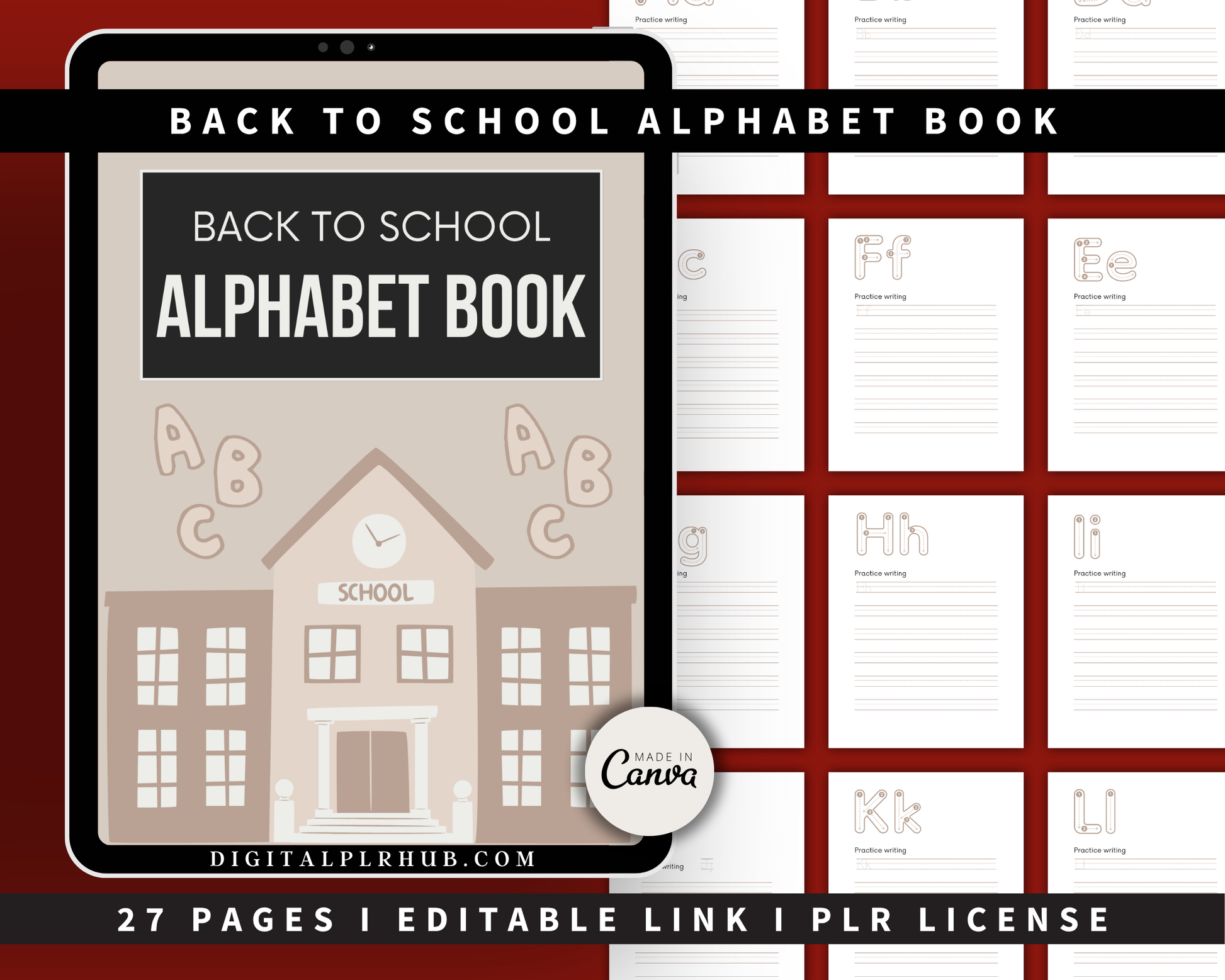 27-page alphabet learning workbook for preschoolers — Canva editable PLR product designed for early education and back-to-school sales.