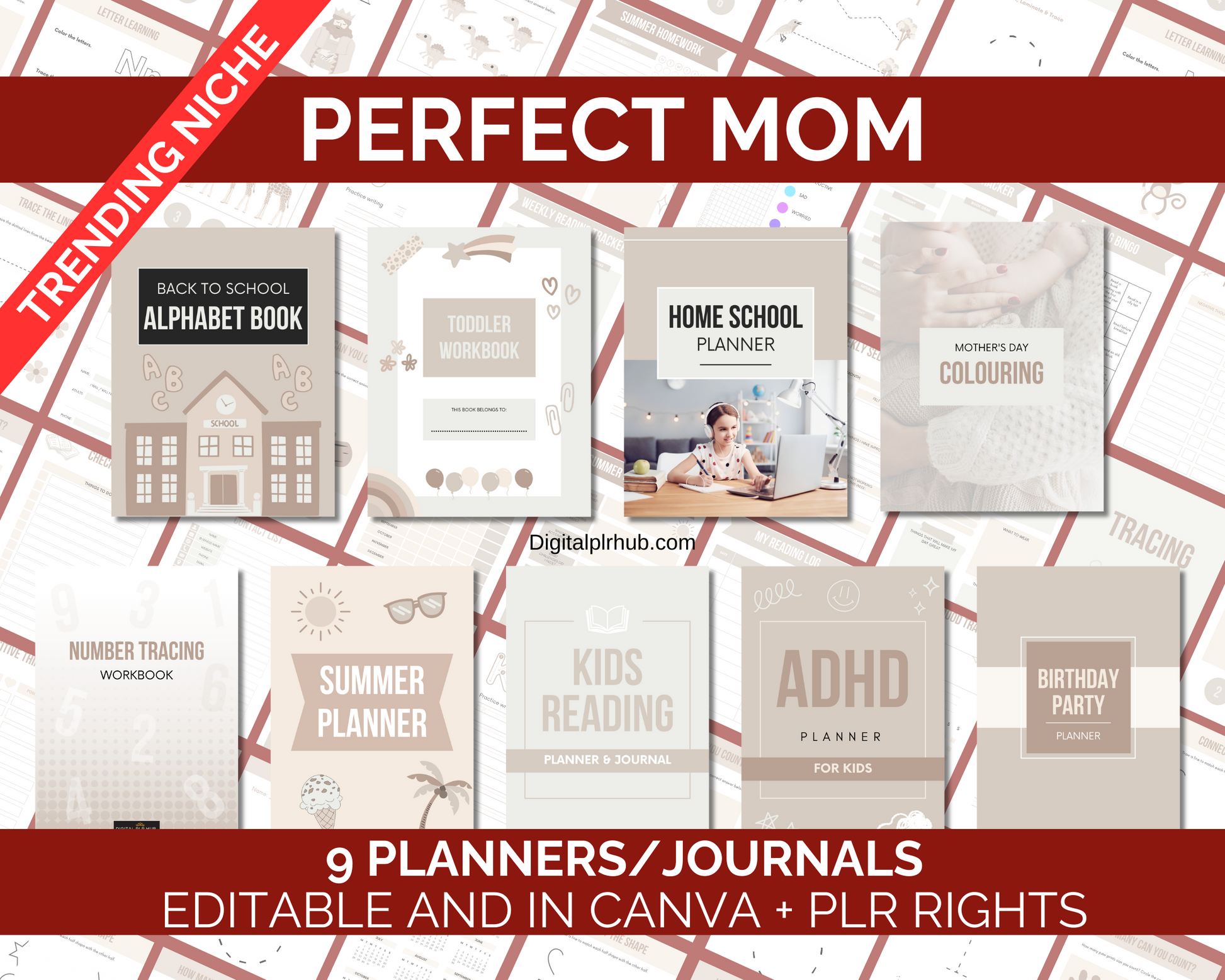 Parenting PLR pack with 9 editable planners and journals including ADHD planner, homeschool, toddler workbook, and summer planner for moms