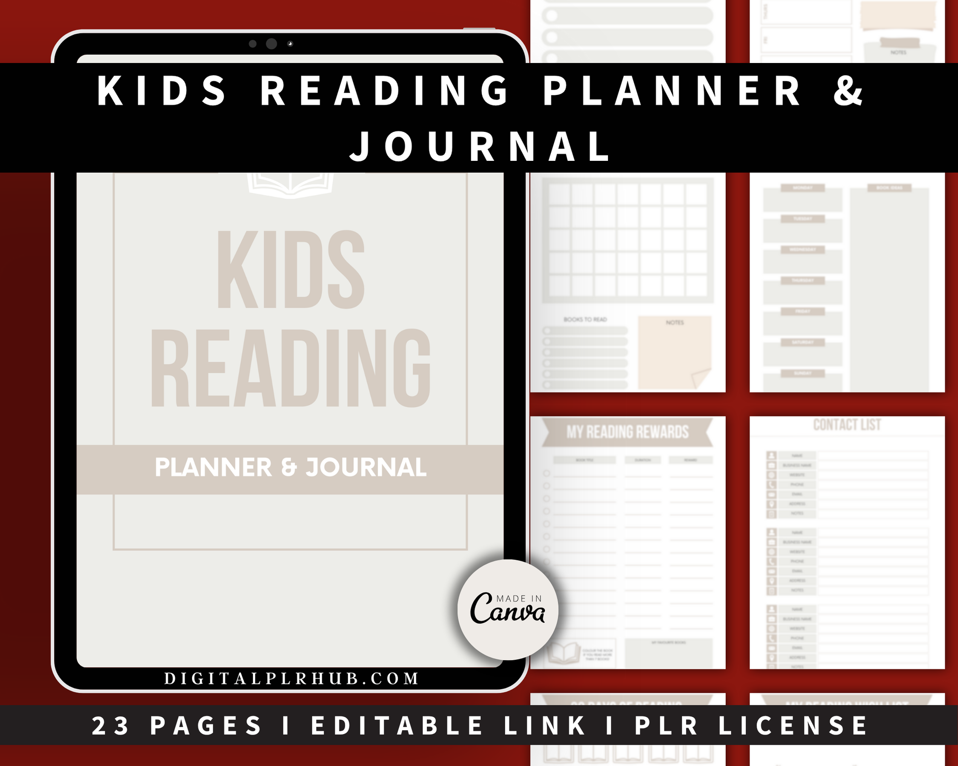 23-page kids reading journal and tracker with editable Canva link — perfect PLR resource for building reading habits in children.