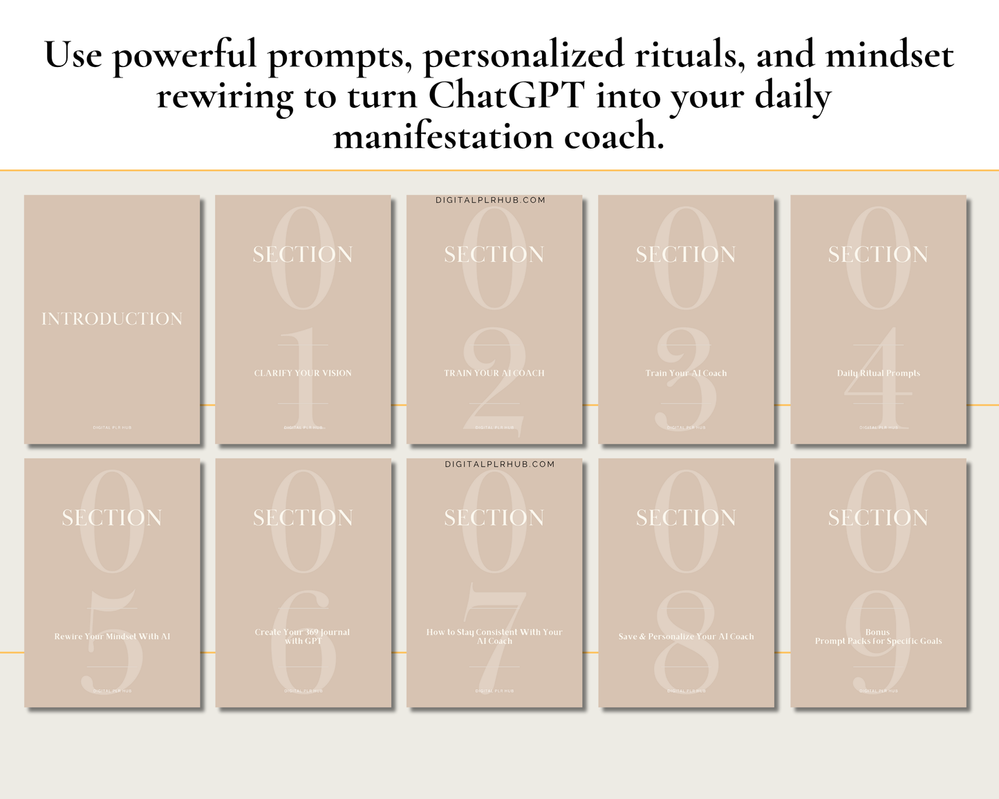 Manifestation ebook preview showing 9 guided sections including journaling, mindset rewiring, and ChatGPT setup. Spiritual business tool with resell rights.