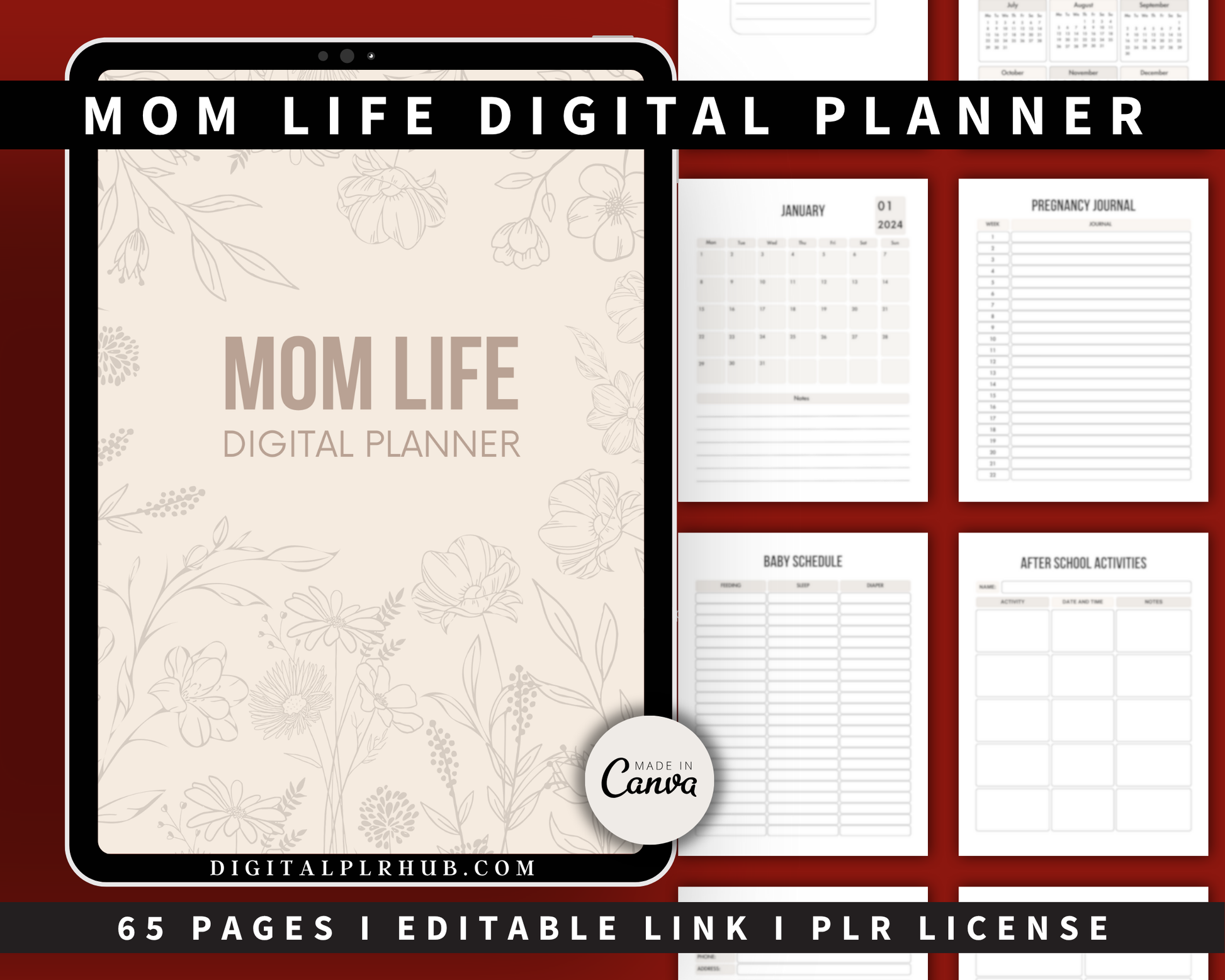 65-page PLR mom life digital planner with pregnancy journal, baby schedule, and school routines — editable Canva template for busy moms.