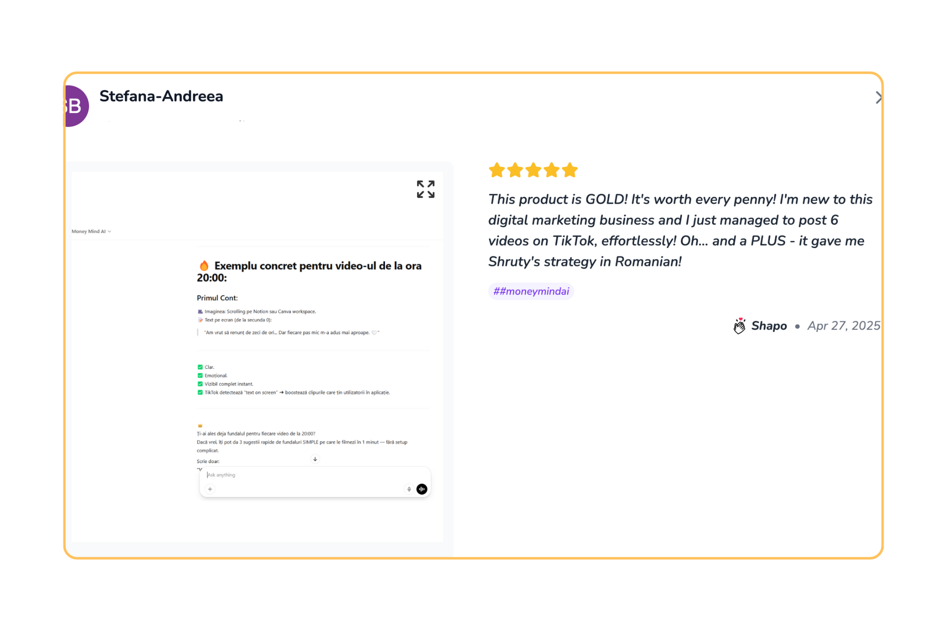 Screenshot of Money Mind AI customer testimonial and review