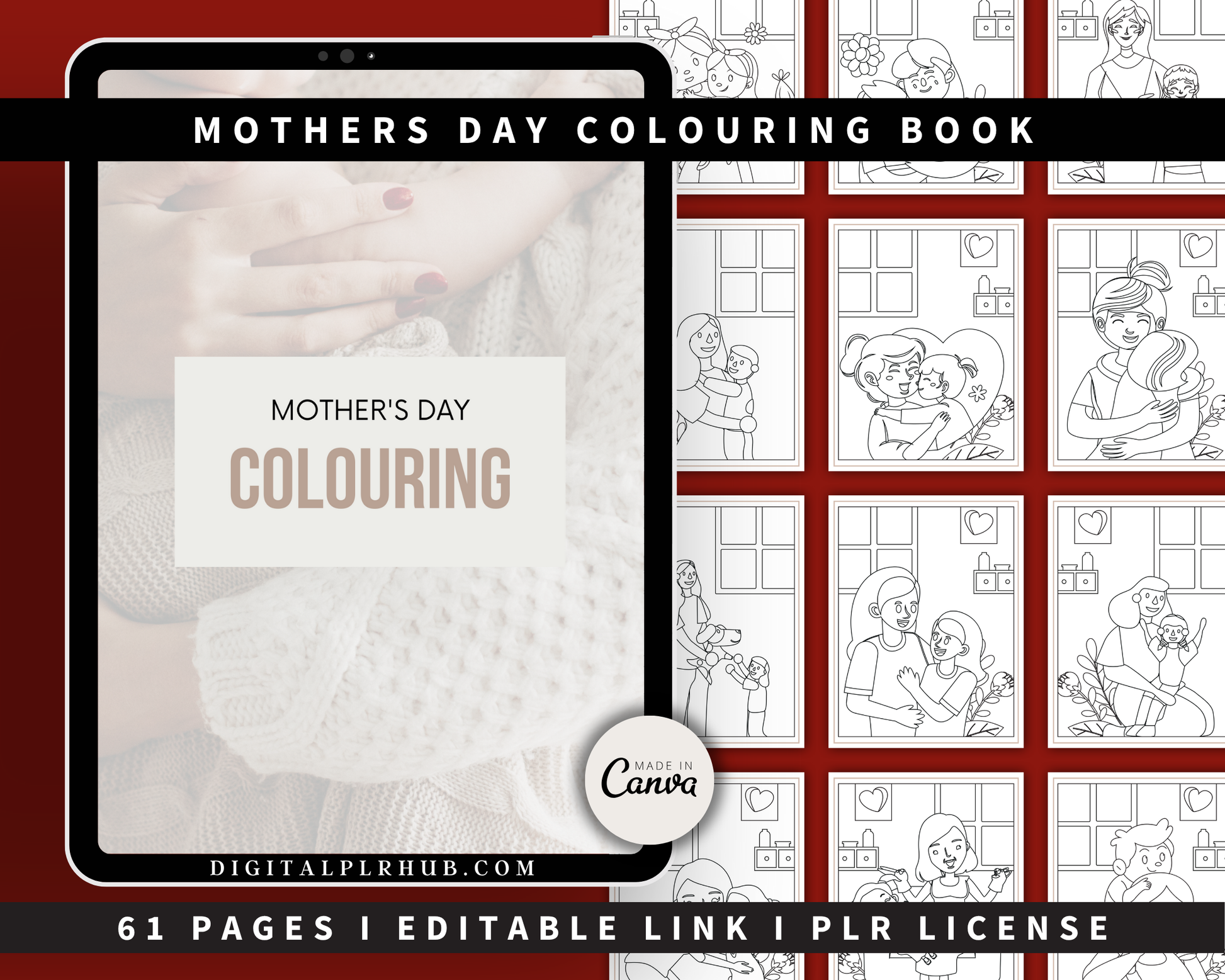 61-page Mother's Day coloring book with sweet mom-and-kid scenes — editable Canva file with PLR for gift shops and printable stores.