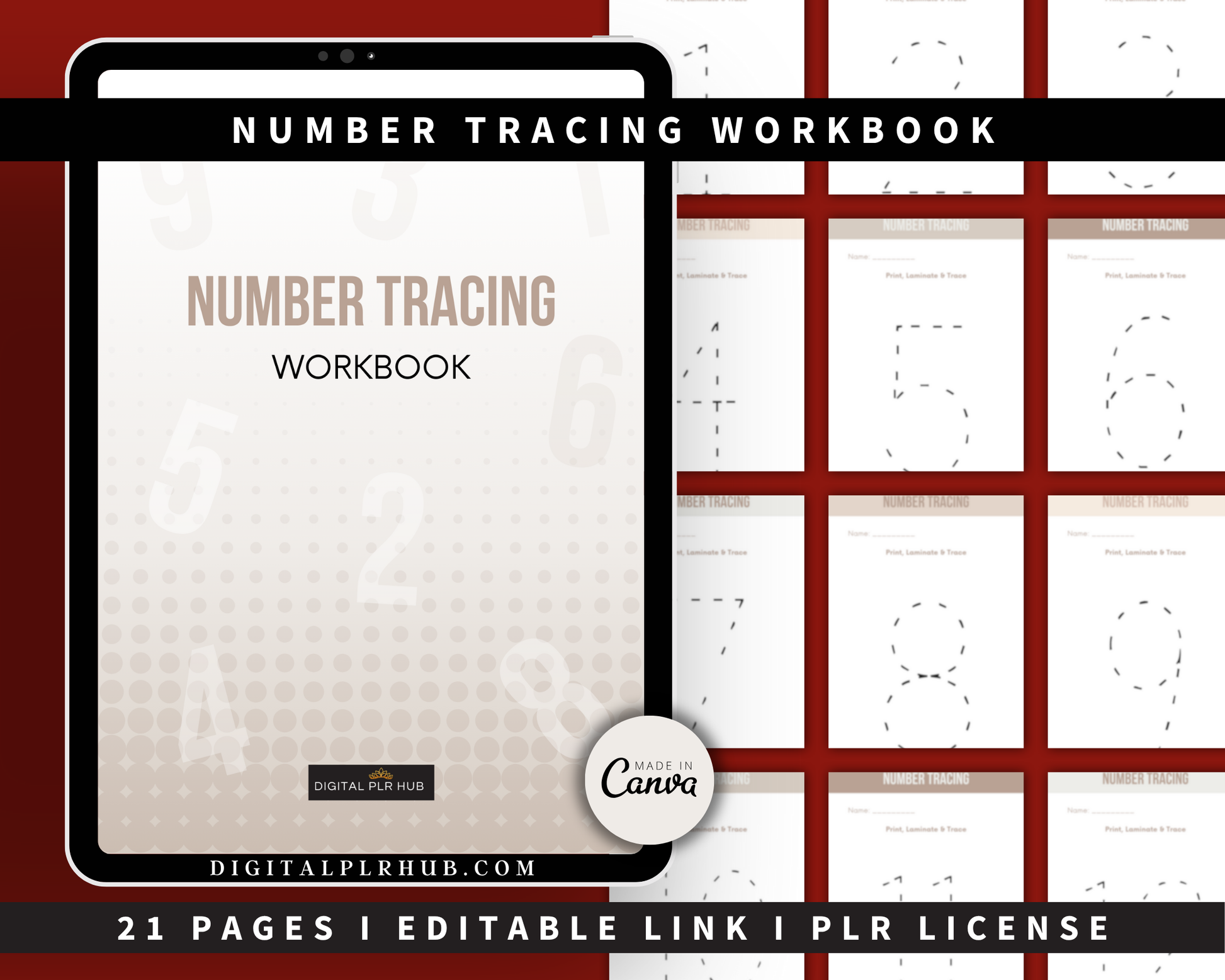 Printable number tracing workbook with PLR license — 21-page Canva template for early childhood education and homeschoolers.