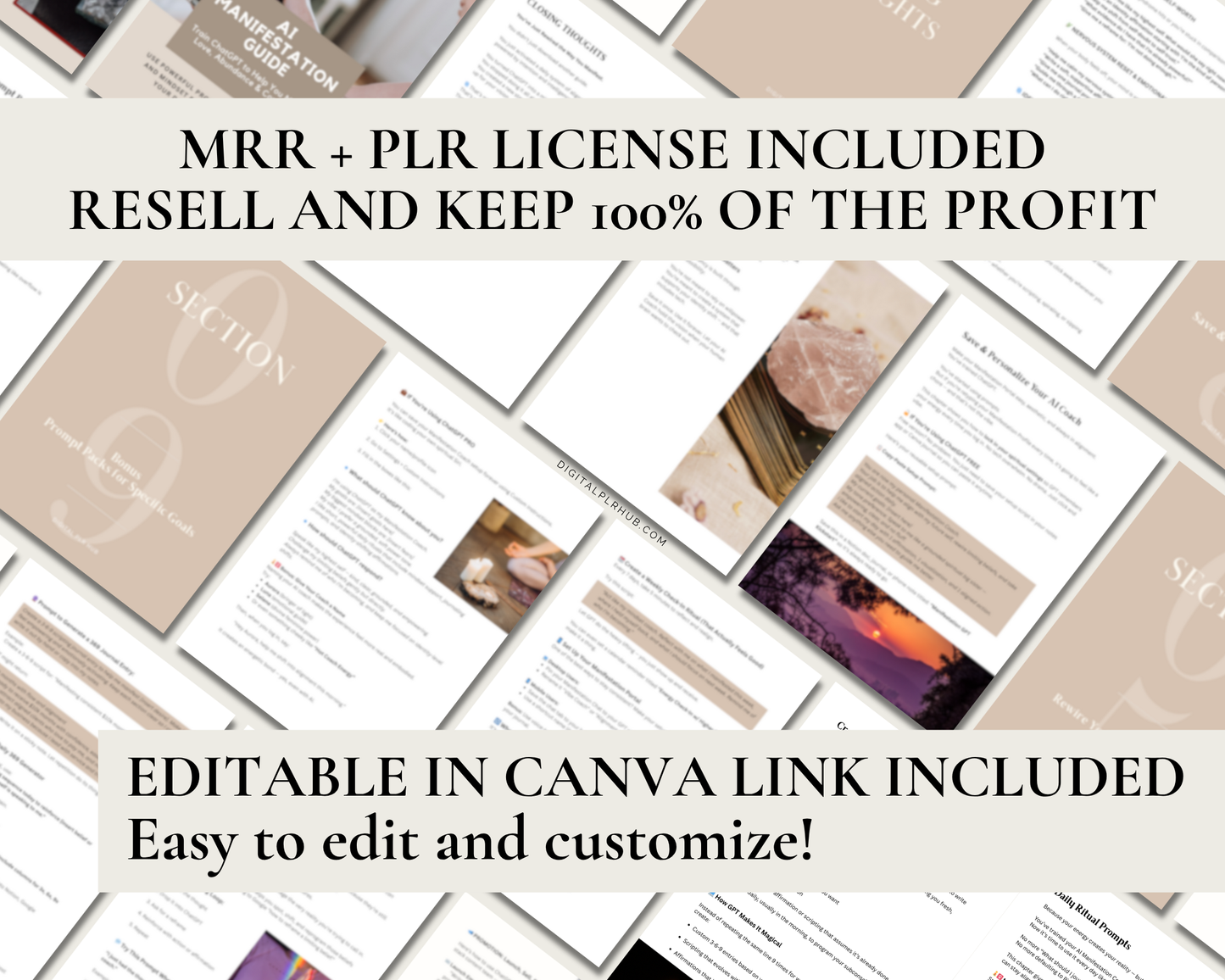 Editable Canva digital product with full PLR and MRR license. Sell the AI Manifestation Guide under your brand and keep 100% of profits.
