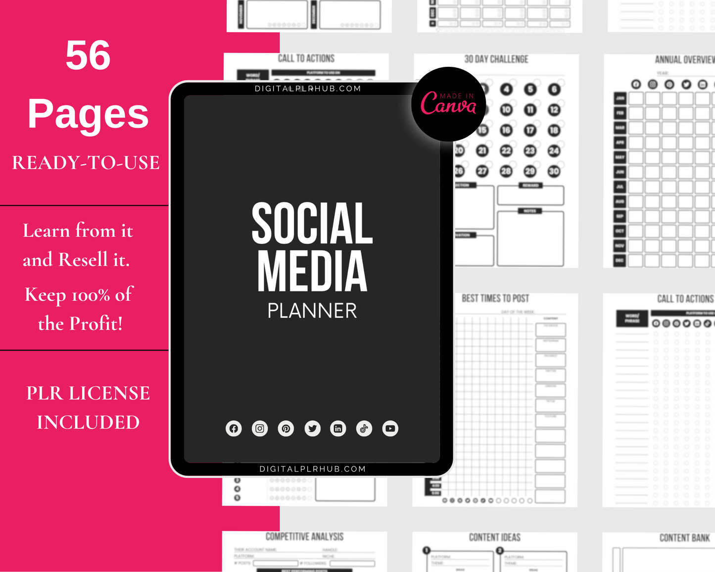 56-page social media planner for digital product creators. Plan Instagram, Pinterest, and Etsy content with ready-to-use Canva layouts.