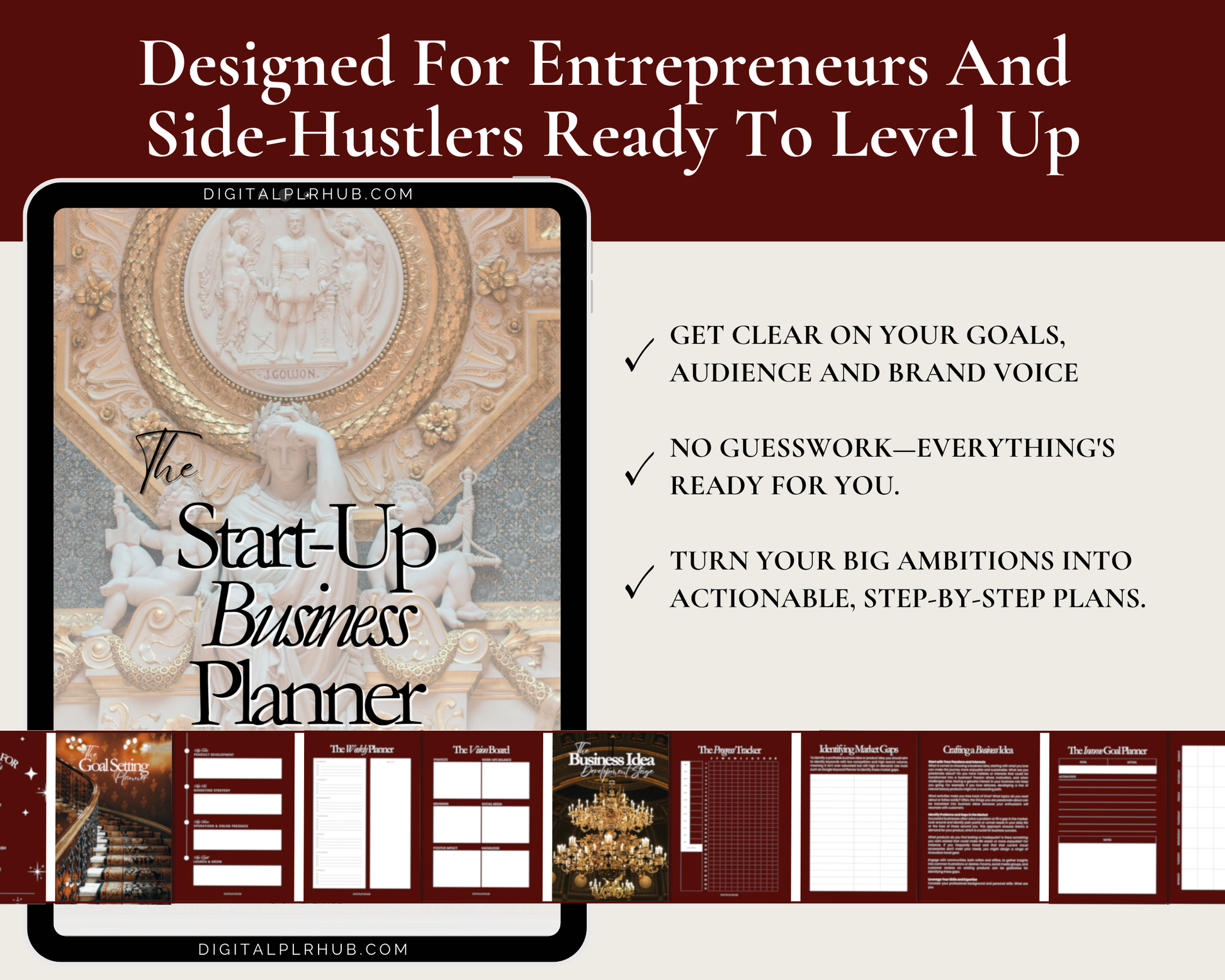 Digital Start-Up Business Planner for side-hustlers with goal-setting templates, brand voice exercises, and business idea pages for female entrepreneurs