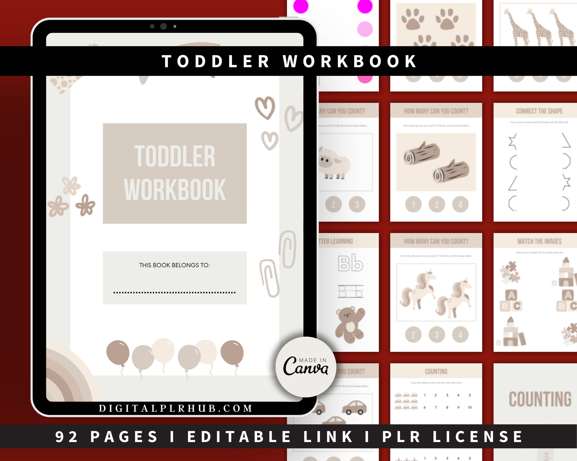 92-page toddler activity workbook covering shapes, letters, and counting — editable Canva PLR for moms, teachers, and KDP.