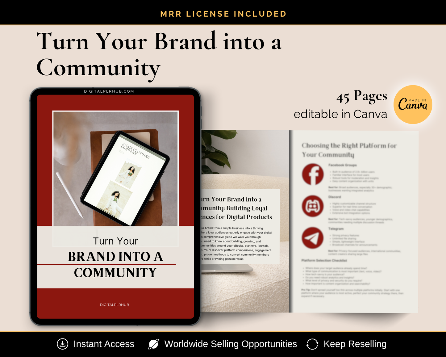Turn Your Brand Into a Community eBook with 45 pages and MRR license included — editable in Canva for digital product sellers