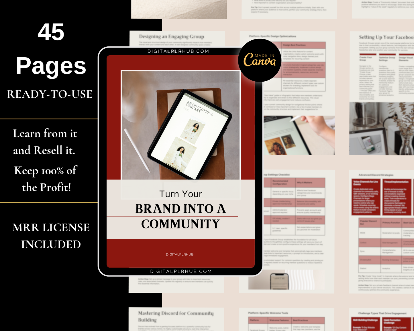 Full preview of 45 editable Canva pages inside the Turn Your Brand Into a Community digital product with MRR