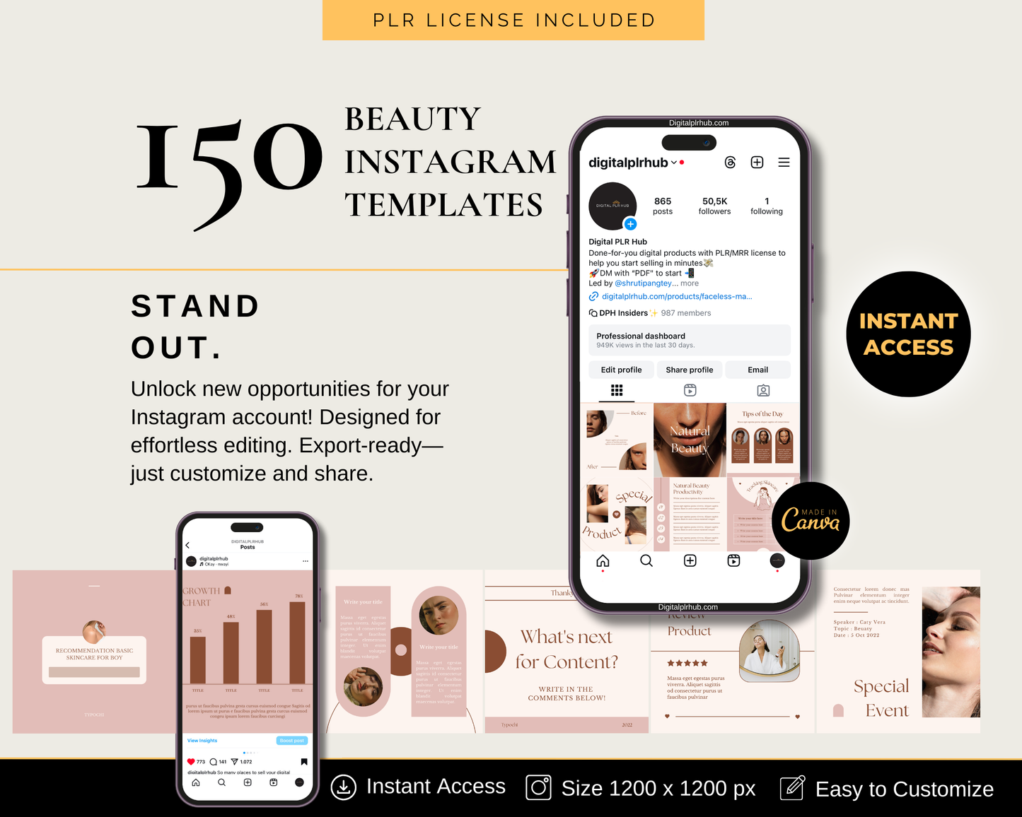 A preview of 150 beauty Instagram templates designed for easy editing in Canva. Includes PLR rights, instant access, and a professional aesthetic for beauty brands.